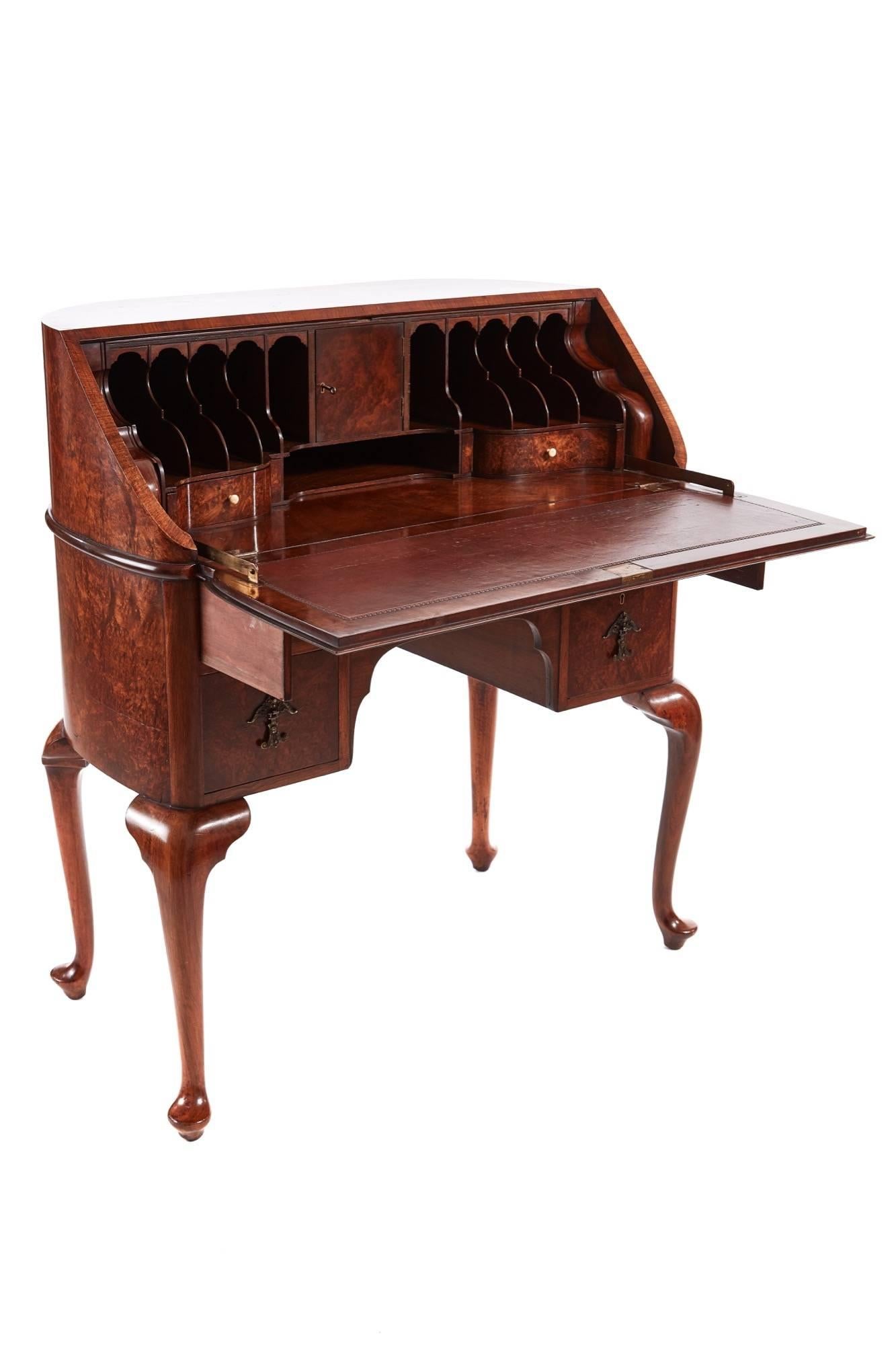 Fantastic burr walnut freestanding bureau, the fall opens to reveal an interior consisting of pigeon holes, two shaped drawers a central cupboard, the base section has four drawers with original brass handles, fantastic burr walnut rounded back