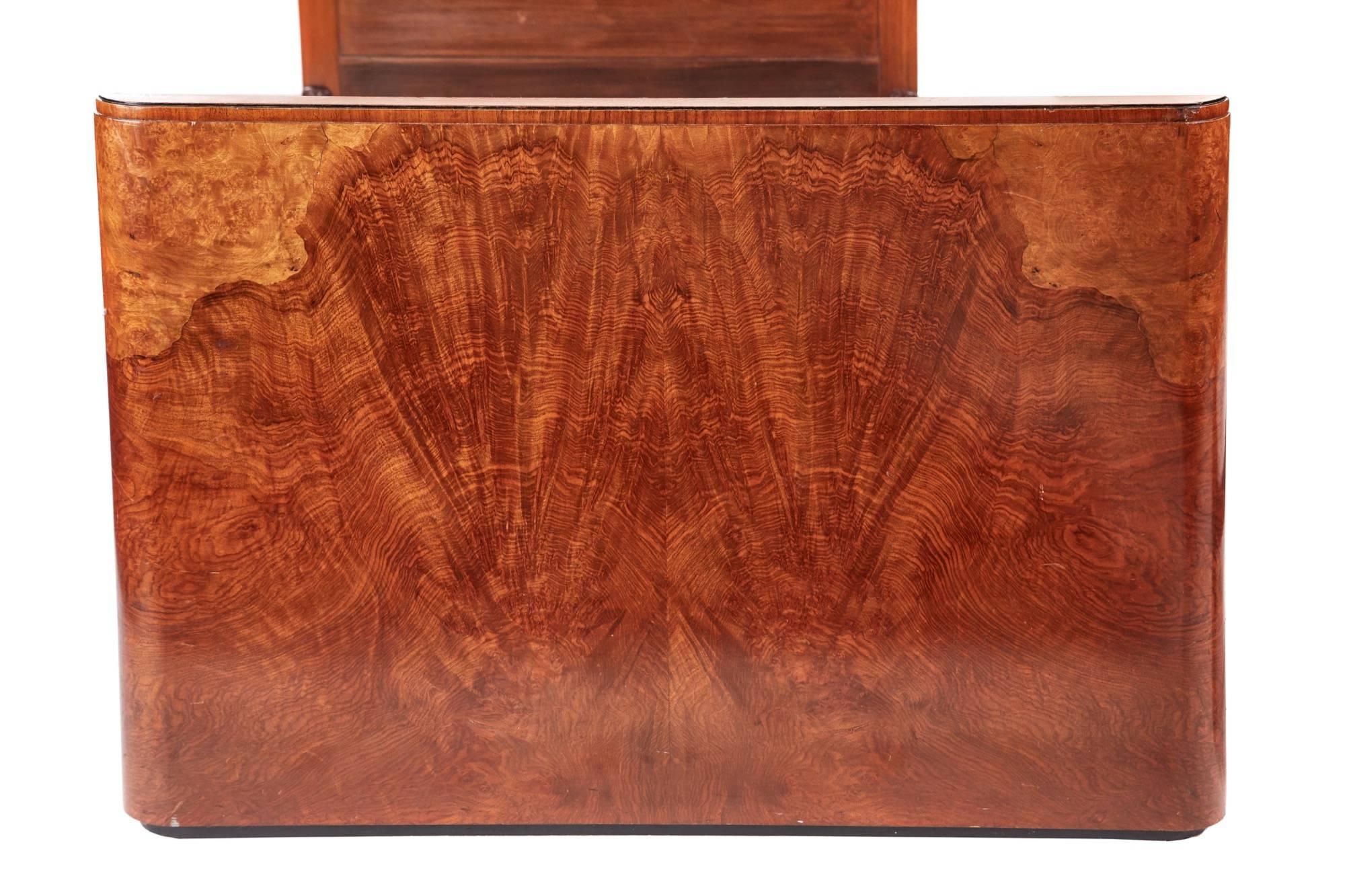Quality pair of antique burr walnut single beds, with fantastic burr walnut headboards and footboards, crossbanded in satinwood, original iron side rails
fantastic color and condition
Measures: 36