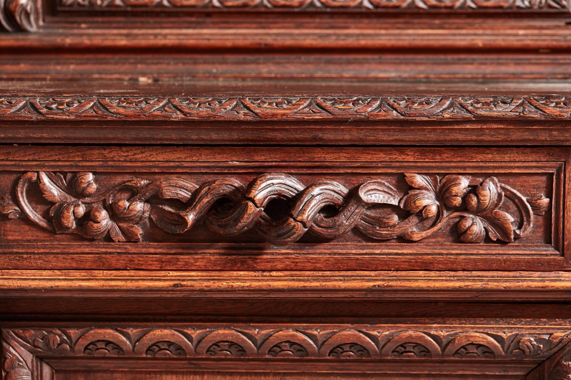 European Superb Antique Heavily Carved Oak Bookcase