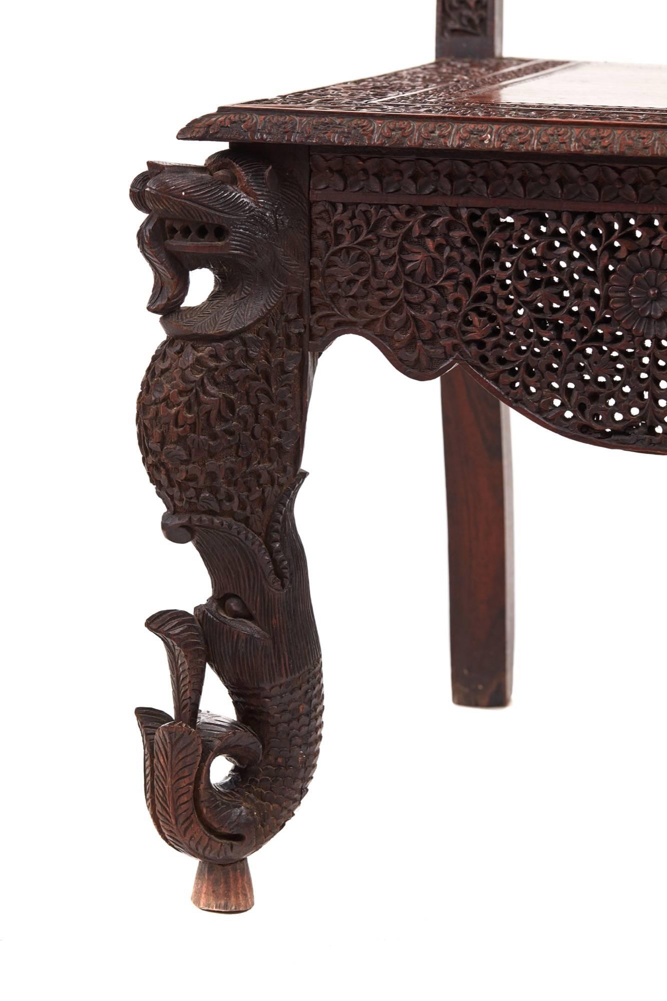 Unusual Profusely Pierced Carved Indian Rosewood Side Chair For Sale 4