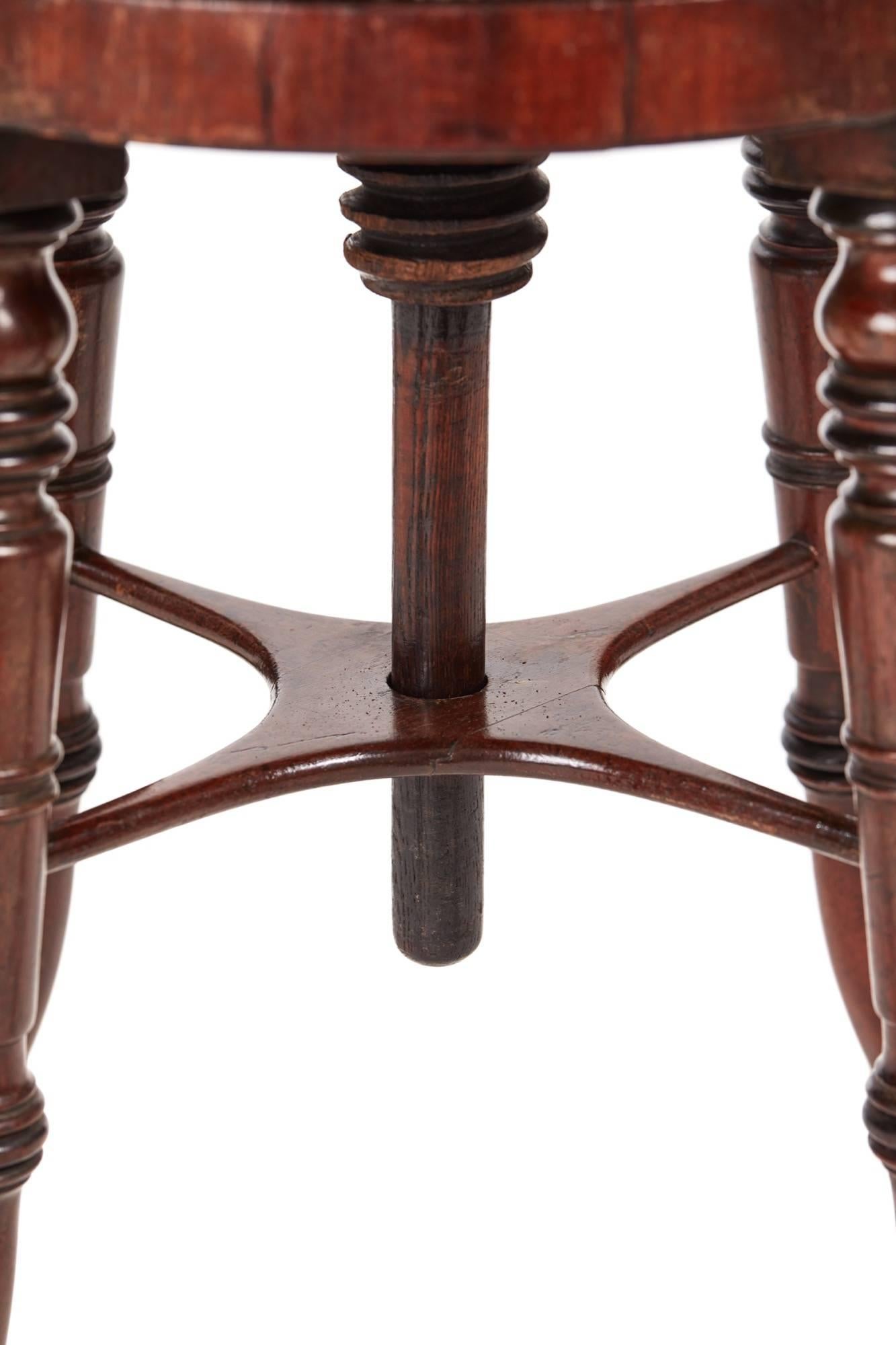 A Victorian rosewood revolving music stool, the revolving seat re-upholstered in a silk damask, the whole raised on ring turned and tapering legs, united by a cross stretcher
Lovely colour and condition.