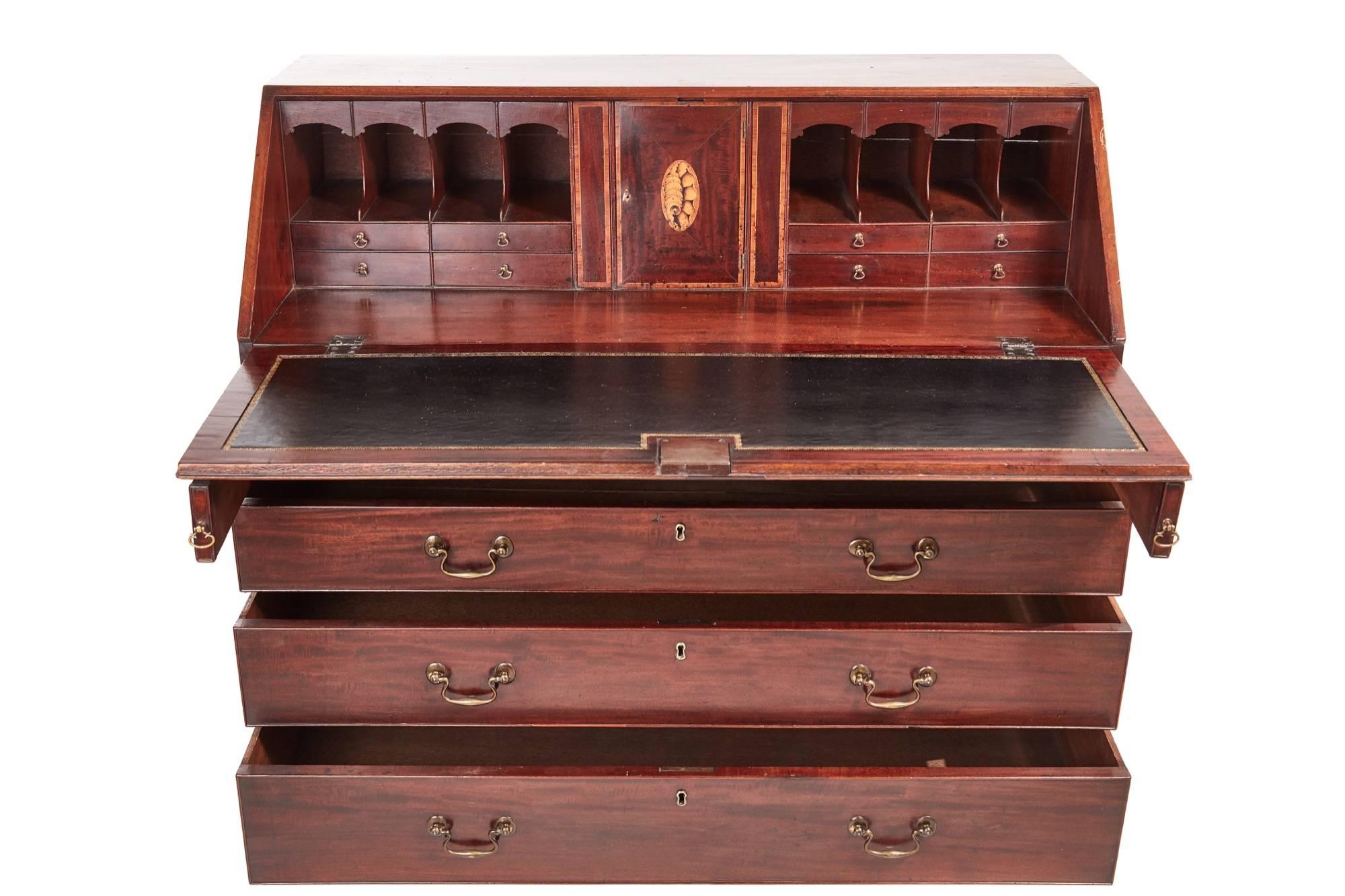 Fantastic quality large Georgian mahogany bureau, having two short and three long drawers with original brass handles, the mahogany fall opens to a outstanding fitted interior with secret drawers, standing on original ogee bracket feet
Fantastic