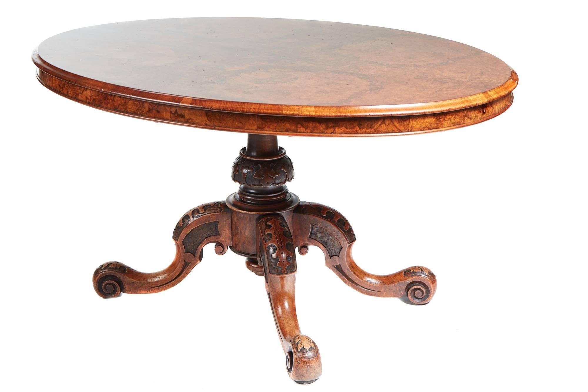 Fine quality Victorian oval burr walnut centre table, the tilt-top having fantastic matched burr walnut veneers with a thumb moulded edge, the base having a carved centre column supported by four carved cabriole legs all in solid walnut
Fantastic