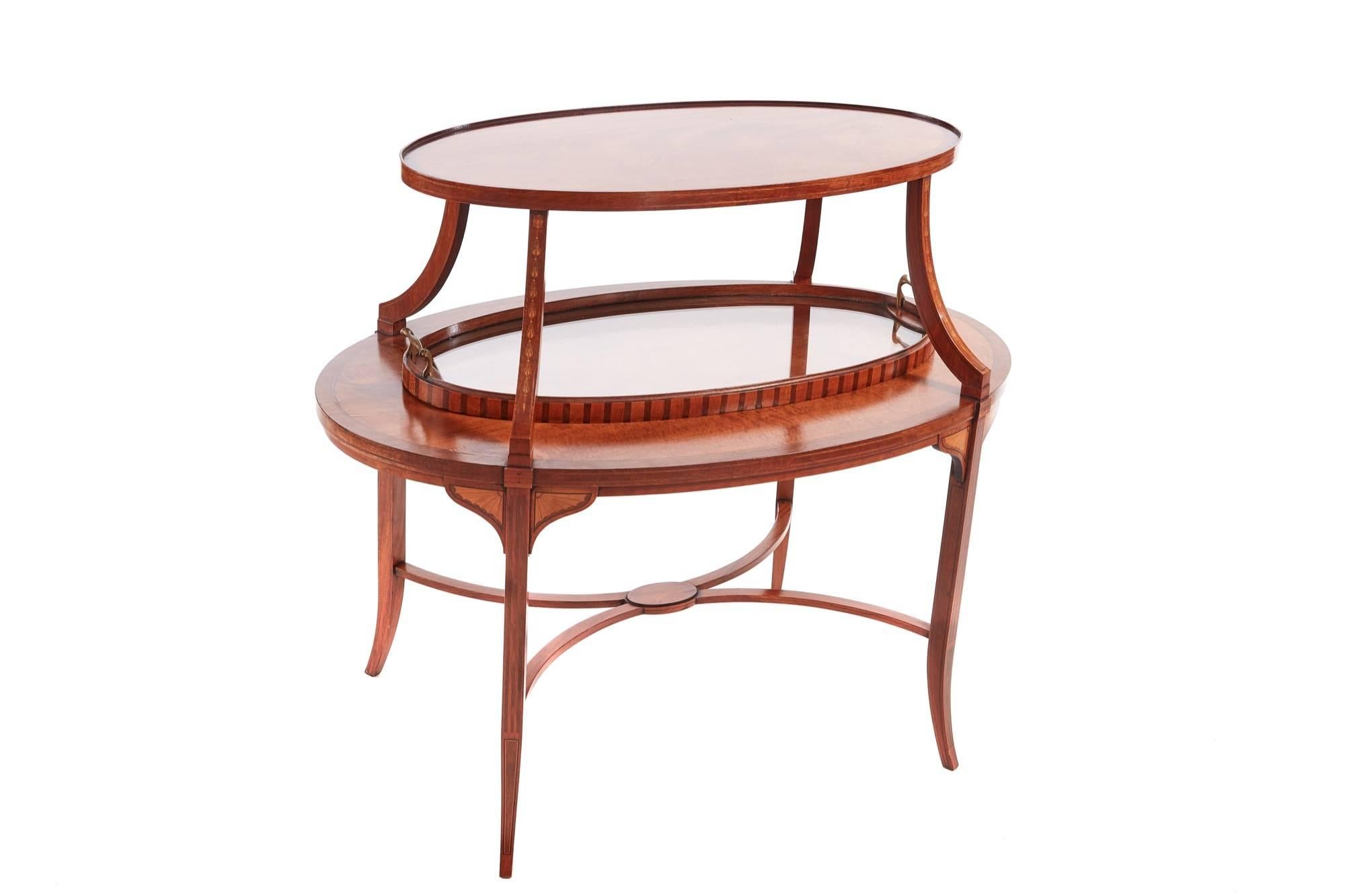 Edwardian satinwood inlaid tray top occasional table or etagere,the removable inlaid tray with glass centre and brass carrying handles, outswept supports with inlaid decoration, graduated tiers inlaid with boxwood, rosewood and ebony, standing on