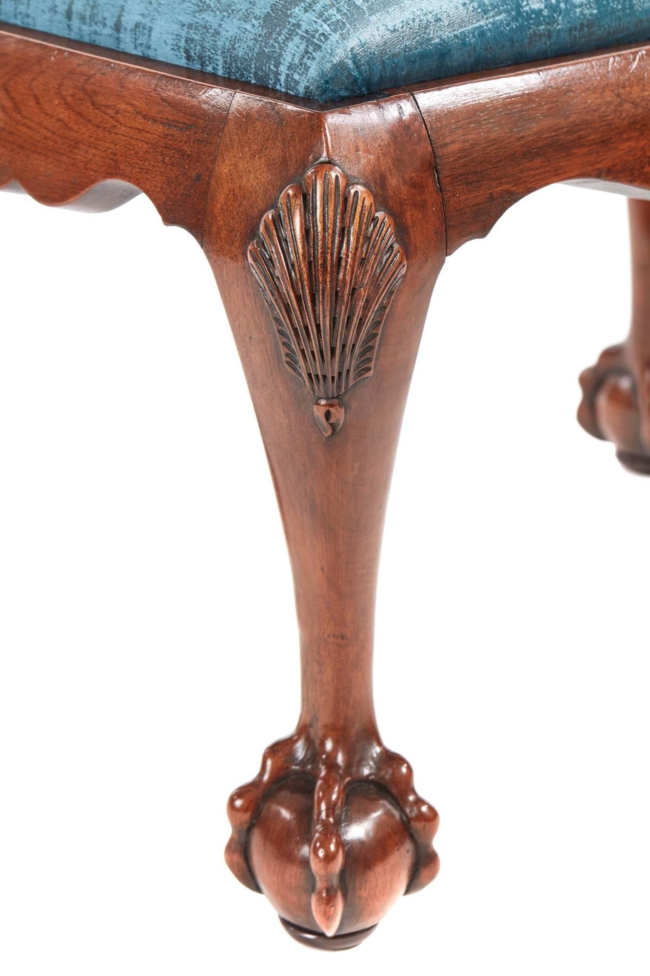 Antique mahogany claw and ball stool, with a shaped frieze, standing on lovely shaped claw and ball legs, carved shell to the knees, newly recovered drop in seat
Fantastic color and condition.