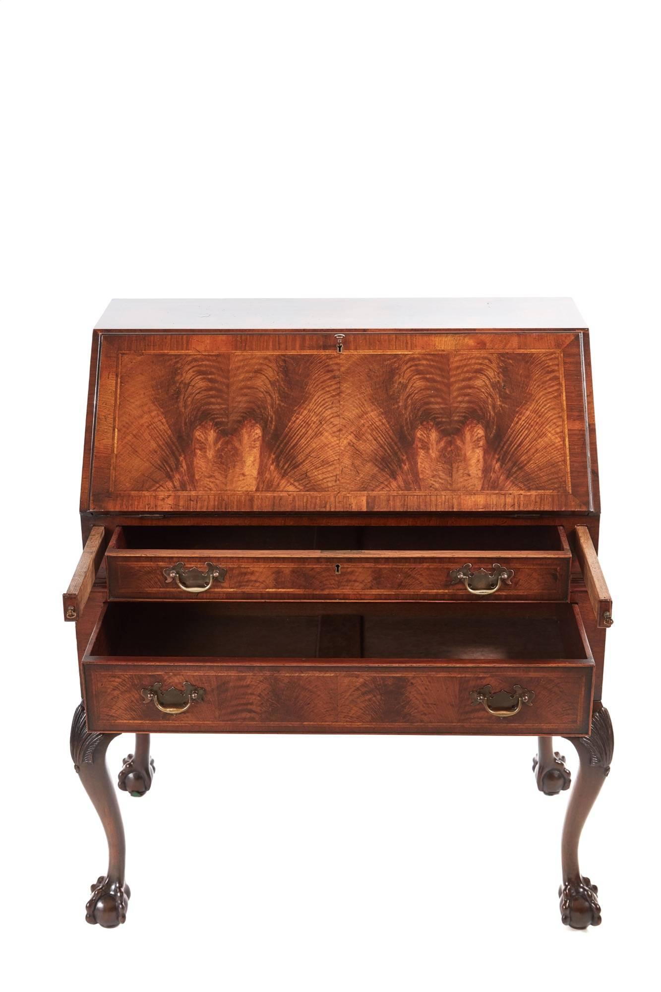 Fantastic walnut bureau on claw and ball legs, the top, fall and drawers all with herring bone inlay on fine burr walnut, the fall opens to reveal a lovely shaped fitted interior with drawers, pigeon holes and a centre door, two long front drawers
