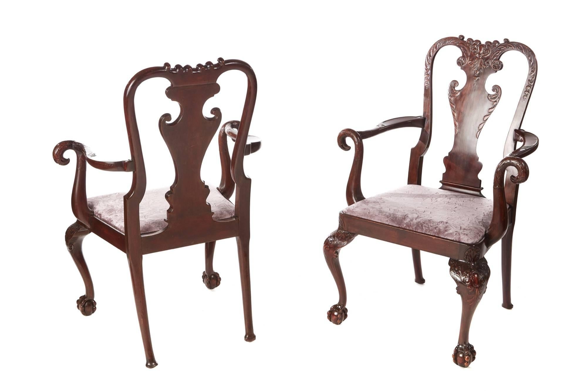 Fine pair of antique carved walnut elbow/desk chairs, with fantastic carved backs, shaped carved centre splat, lovely shaped open arms with carved eagles heads, newly recovered drop in seats, standing on fantastic carved shaped claw and ball legs to
