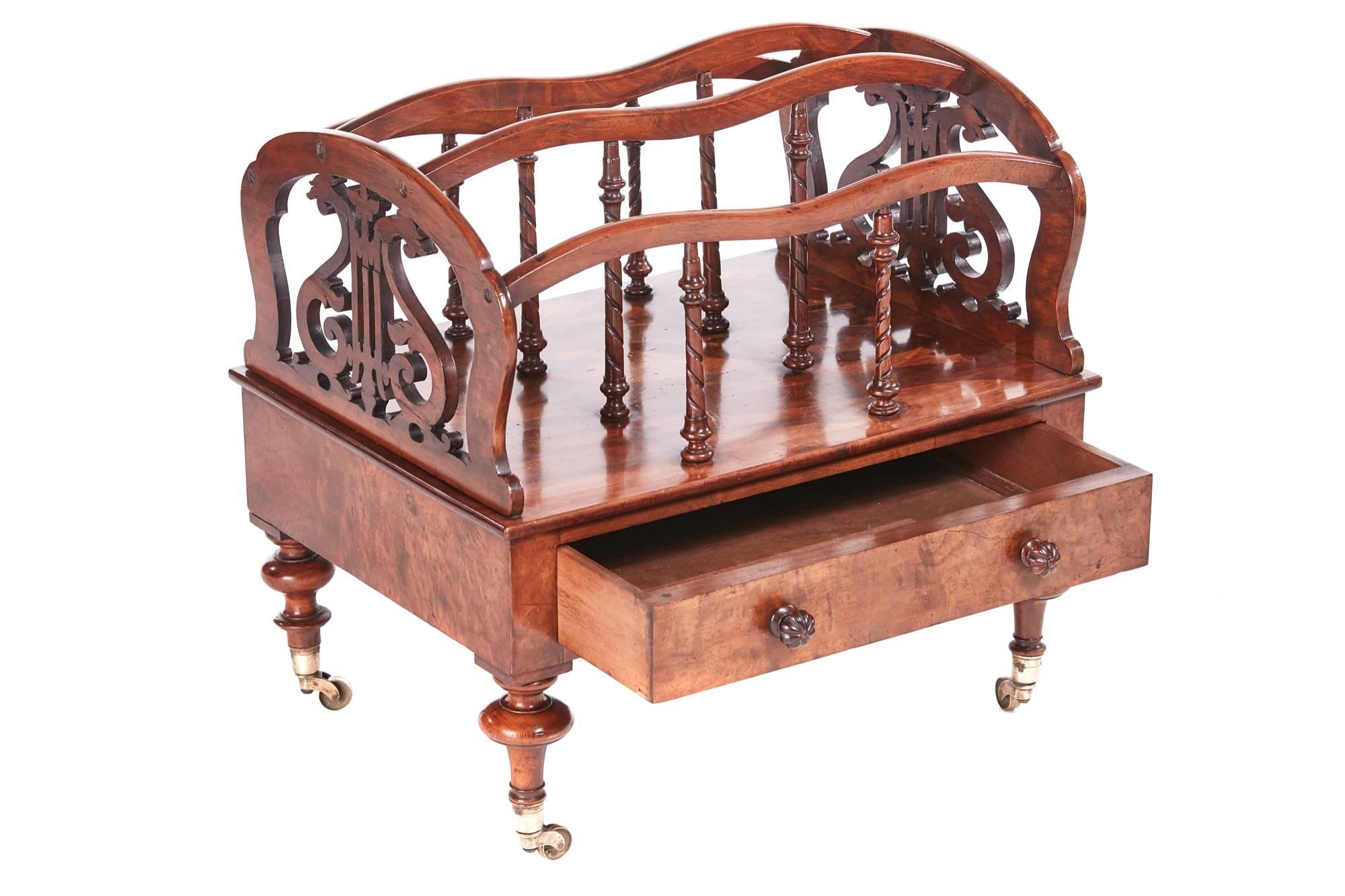 Victorian burr walnut Canterbury, having unusual pierced fretwork sides, the internal divisions are made from solid walnut turnings, above are nice shaped solid walnut rails, the base is veneered in burr walnut having a drawer with original walnut