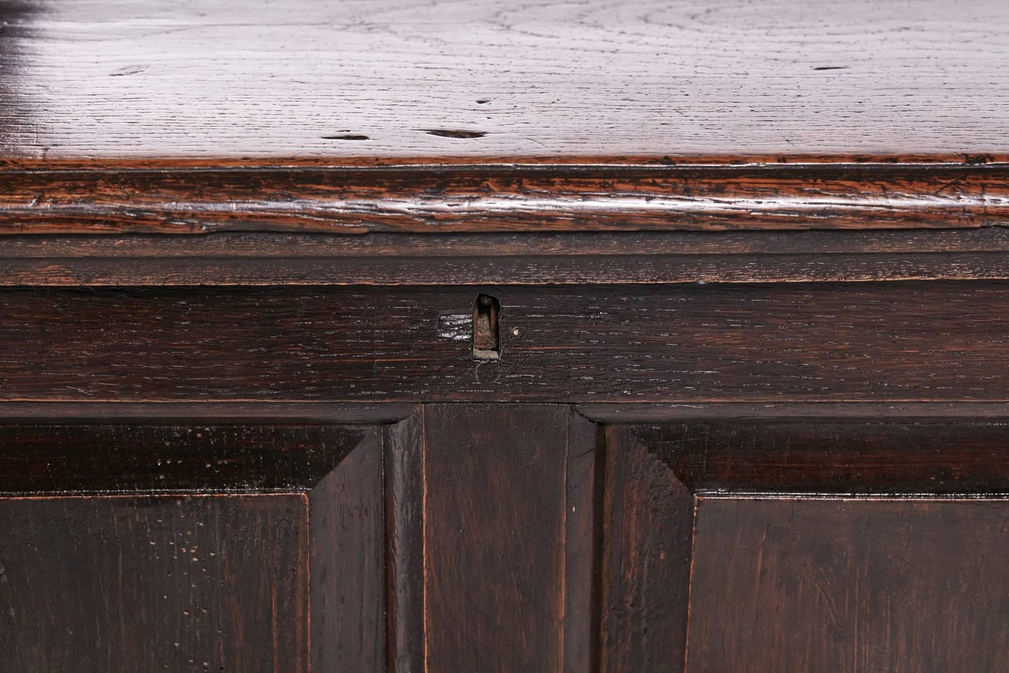 17th century panelled oak coffer, with four panels to the front, panelled ends, raised on stile feet, unusual fitted inside
Lovely color and condition
Measures: 61