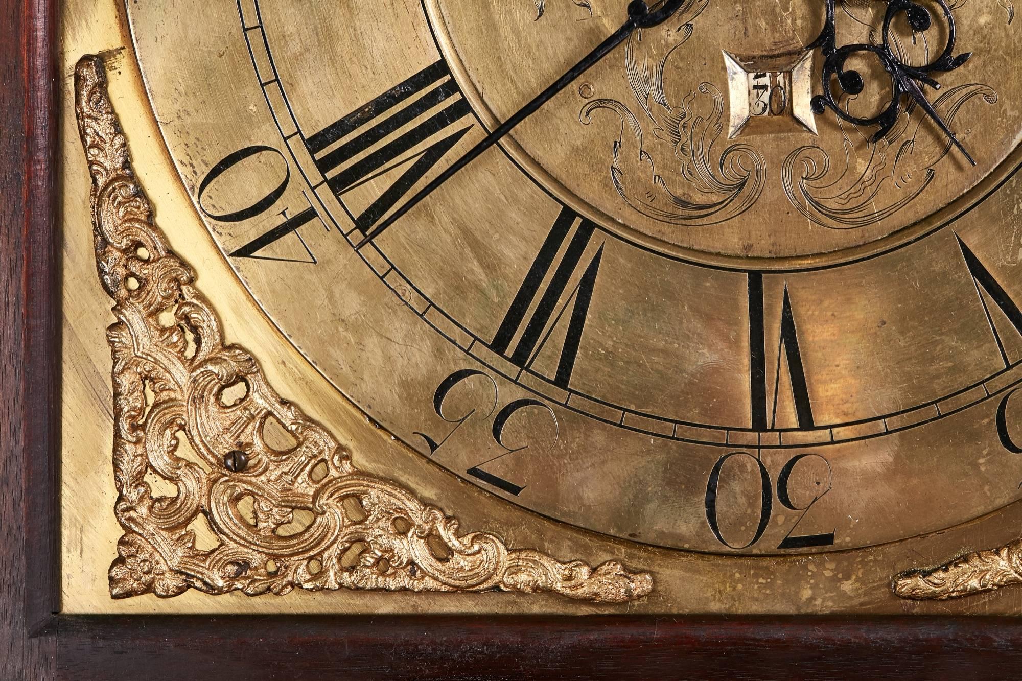 18th Century George II Brass Face Red Walnut Longcase Clock For Sale