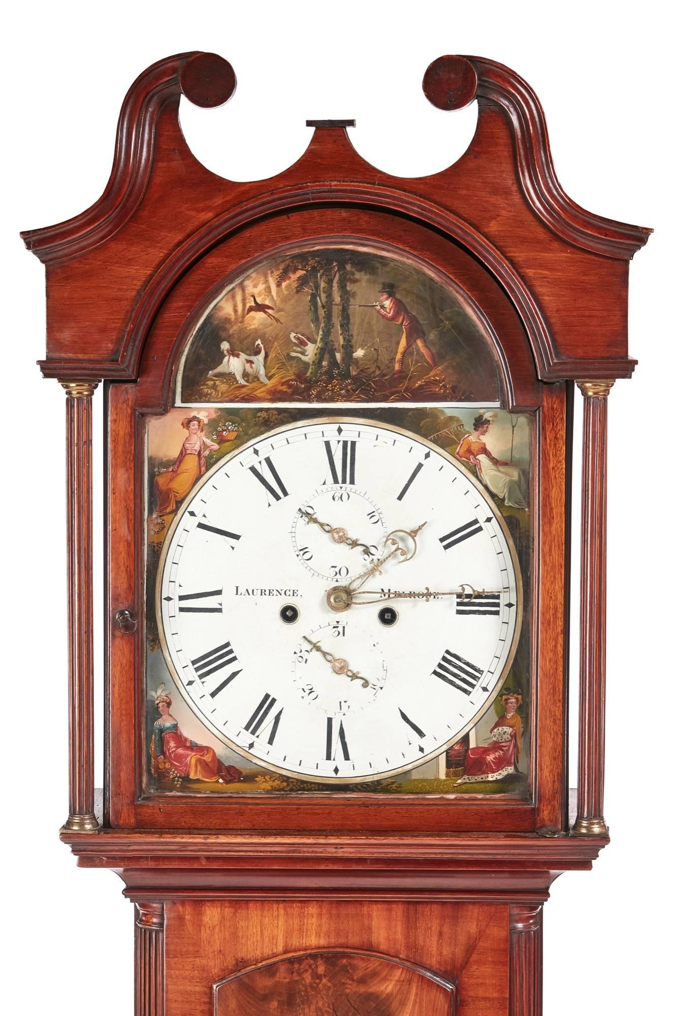 George III mahogany 8 day longcase clock, the hood with swan neck pediment, lovely decorative and colorful painted dial with date and seconds dial, 8 day duration mechanism striking the hour on the bell, lovely flame mahogany case standing on a
