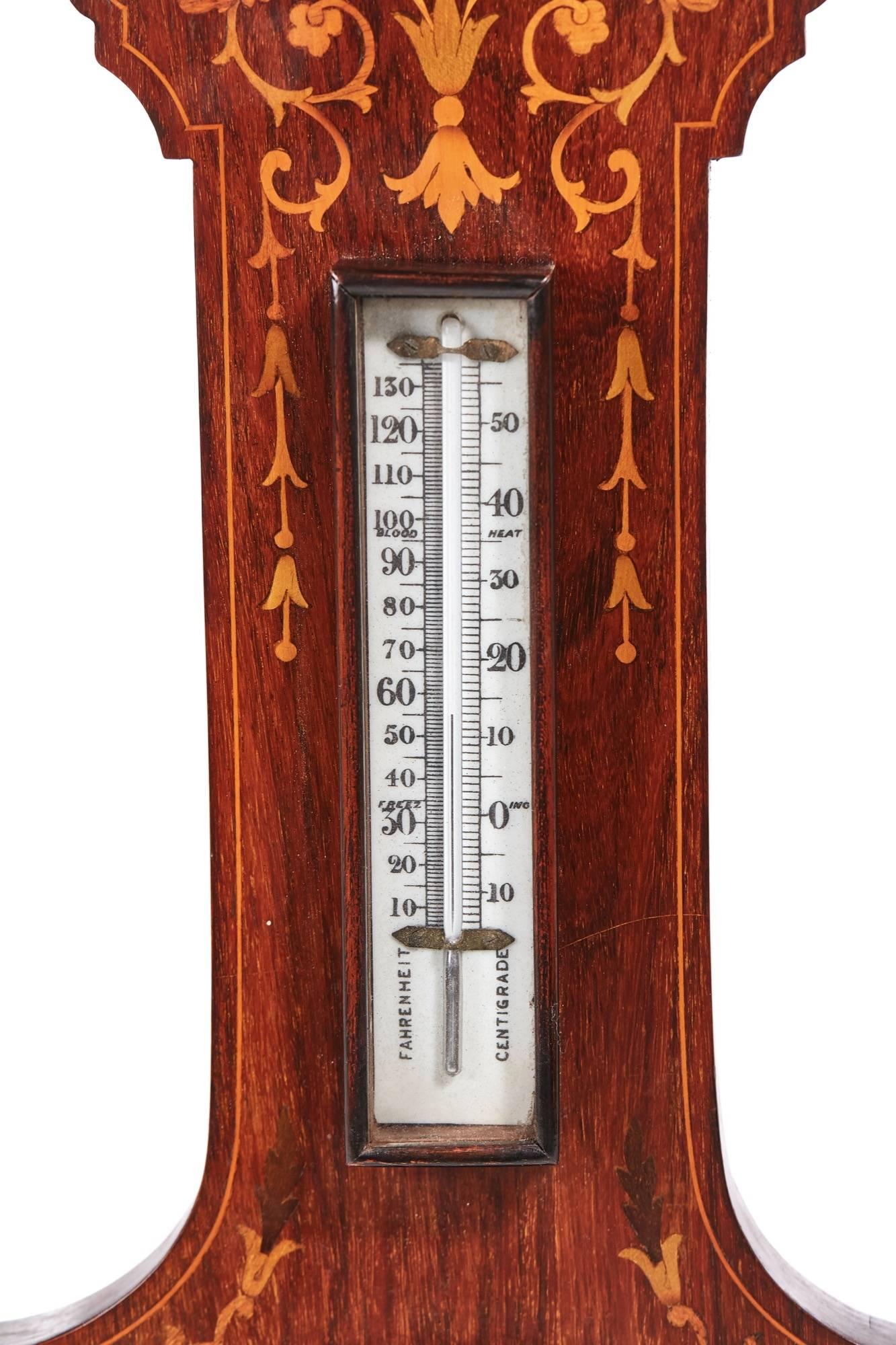 Antique hardwood inlaid barometer, with lovely satinwood inlay, shaped pediment top, thermometer and a lovely original dial.
Lovely color and condition
Working order
Measures: 10