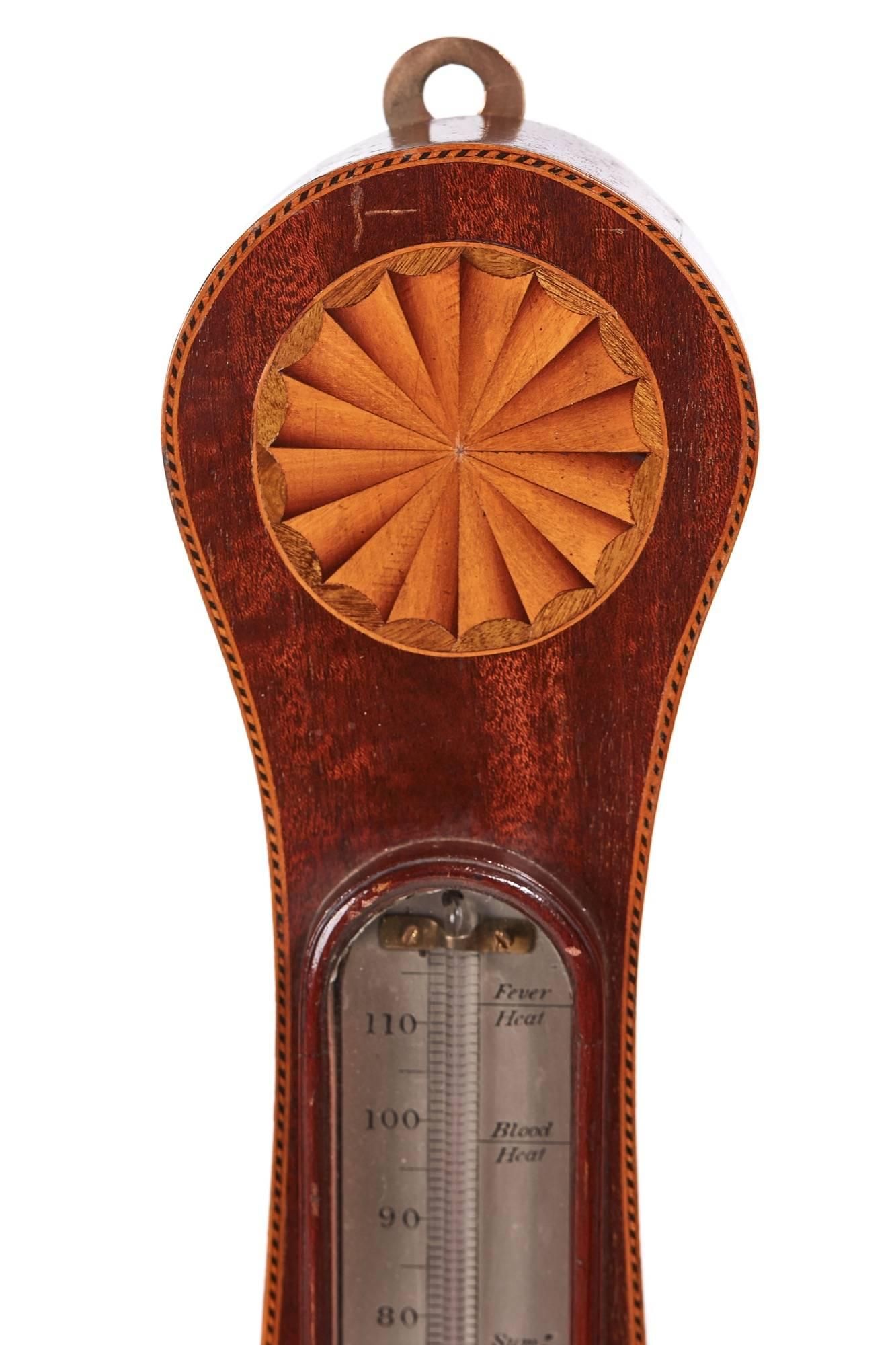Georgian mahogany inlaid banjo barometer, with lovely inlaid shells and stringing to the case, thermometer and a 9