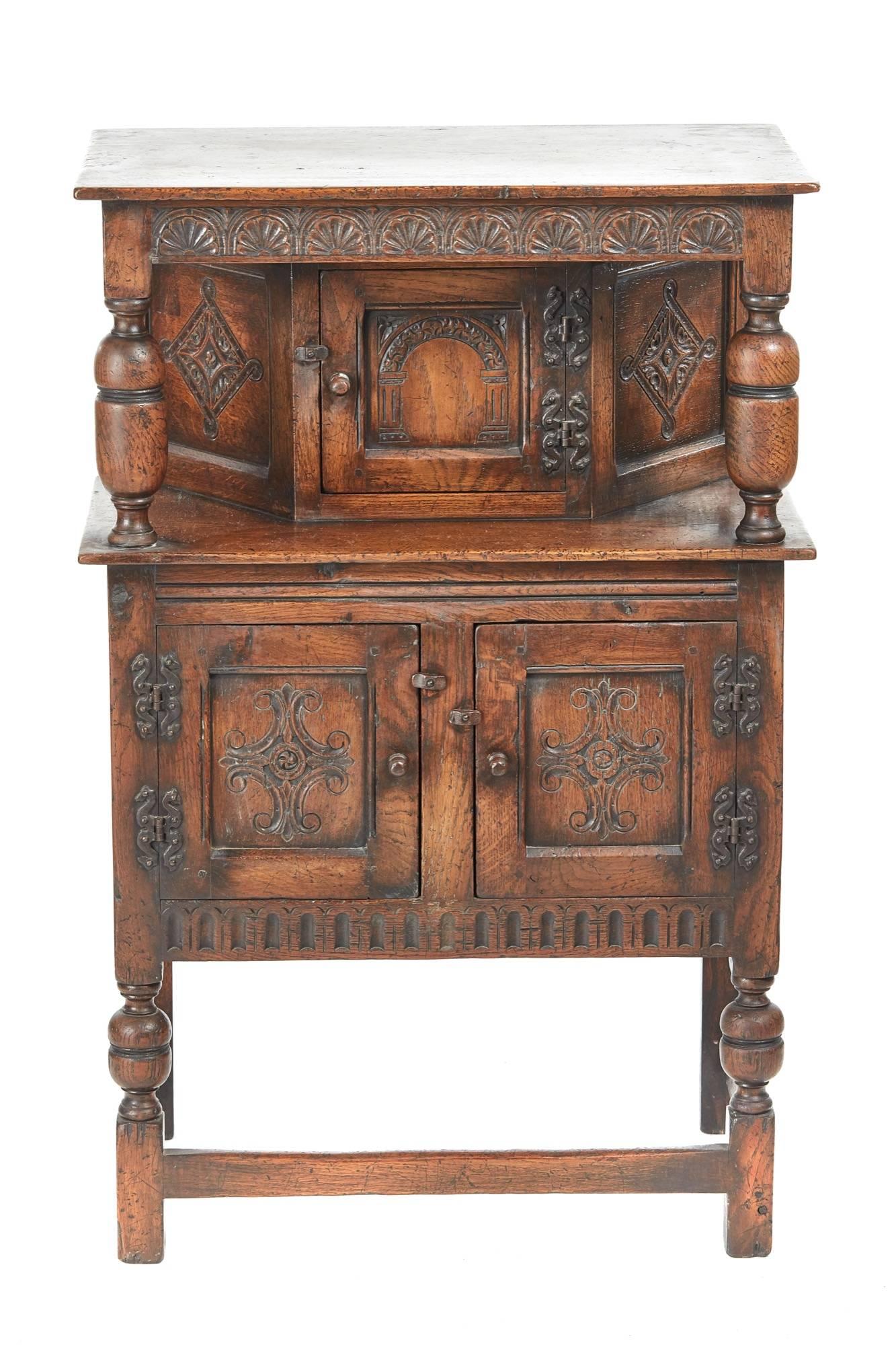 Jacobean Small Antique Carved Oak Count Cupboard