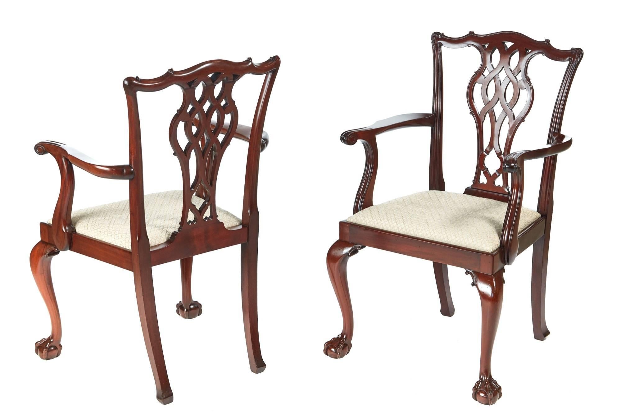 Fine quality set of six mahogany Chippendale style dining chairs, having lovely shaped tops with shaped pierced backs, newly recovered drop in seats, lovely shaped arms to the carver chairs, standing on claw and ball front legs out swept back