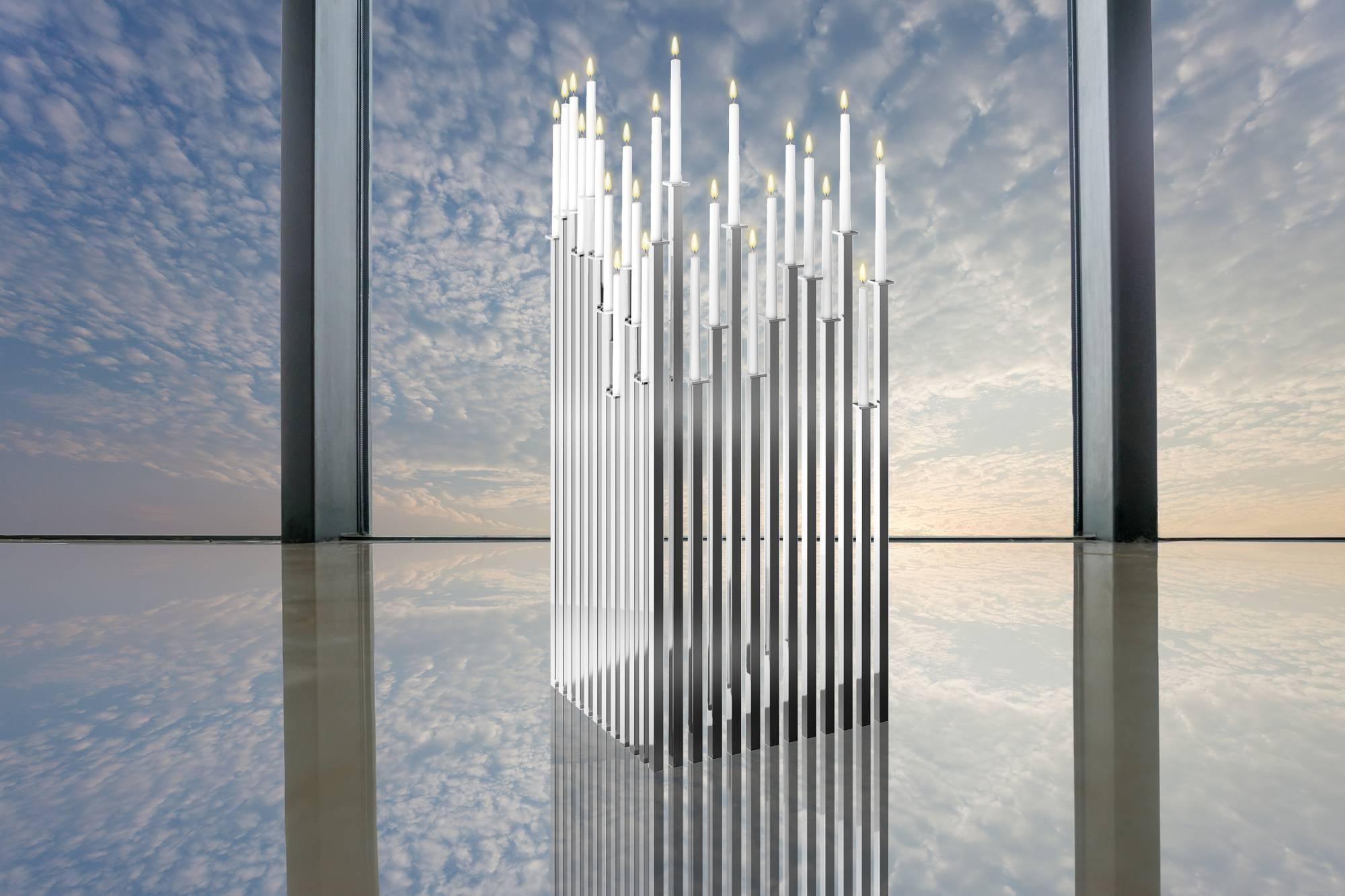 Contemporary Luxury Modern Silver Steel Candelabra Room Divider Screen Candleholder For Sale