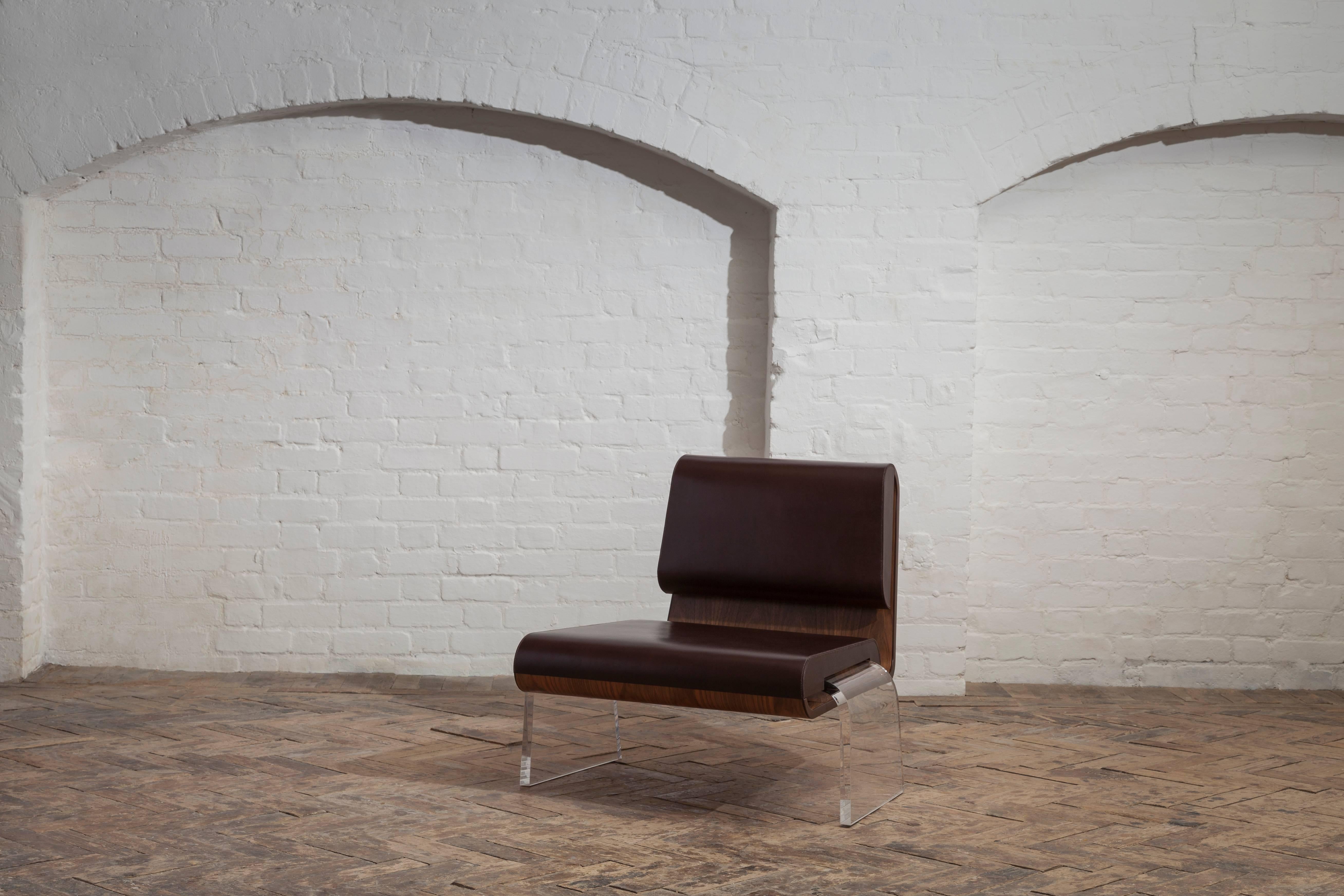 British Walnut and Leather Hand Stitch Luroidea Lounge Office Chair With Perspex Legs  For Sale