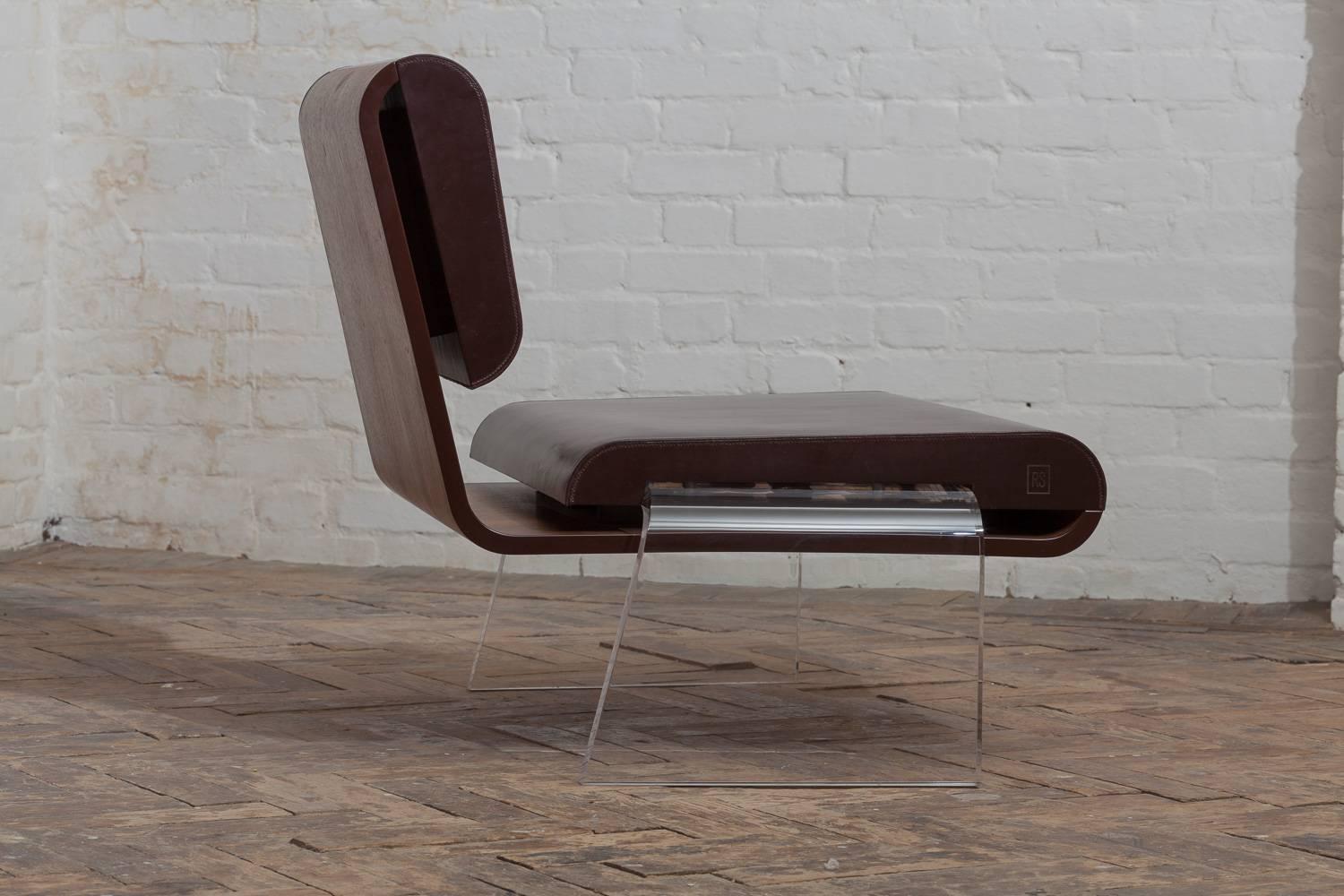 Veneer Walnut and Leather Hand Stitch Luroidea Lounge Office Chair With Perspex Legs  For Sale