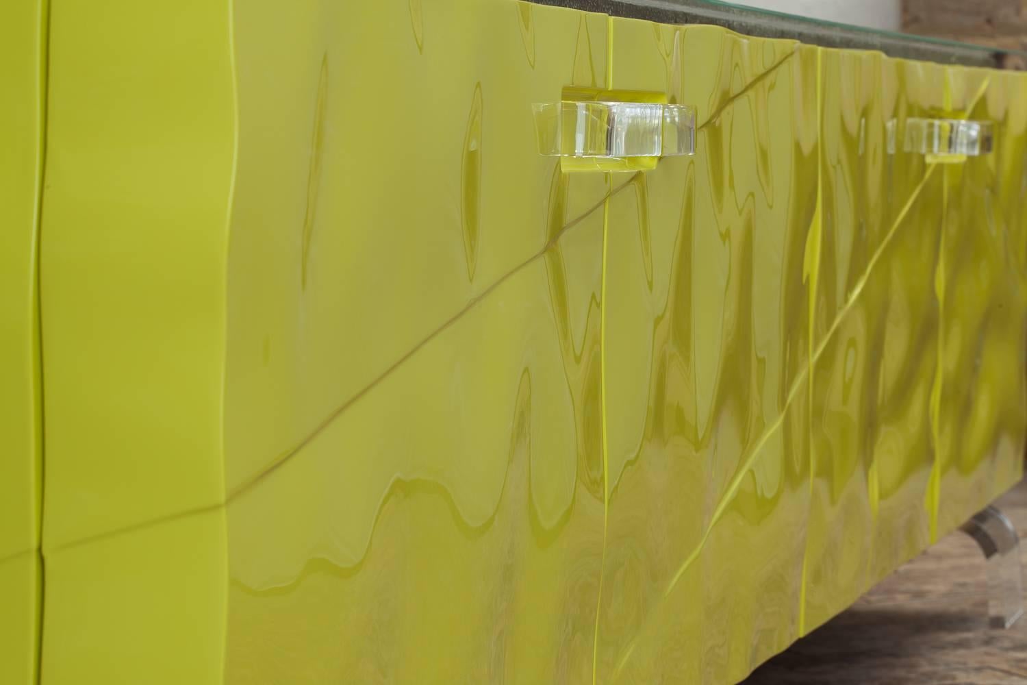 Modern High Gloss Lacquered Bespoke Sideboard or Credenza With Perspex Legs & Handles  For Sale