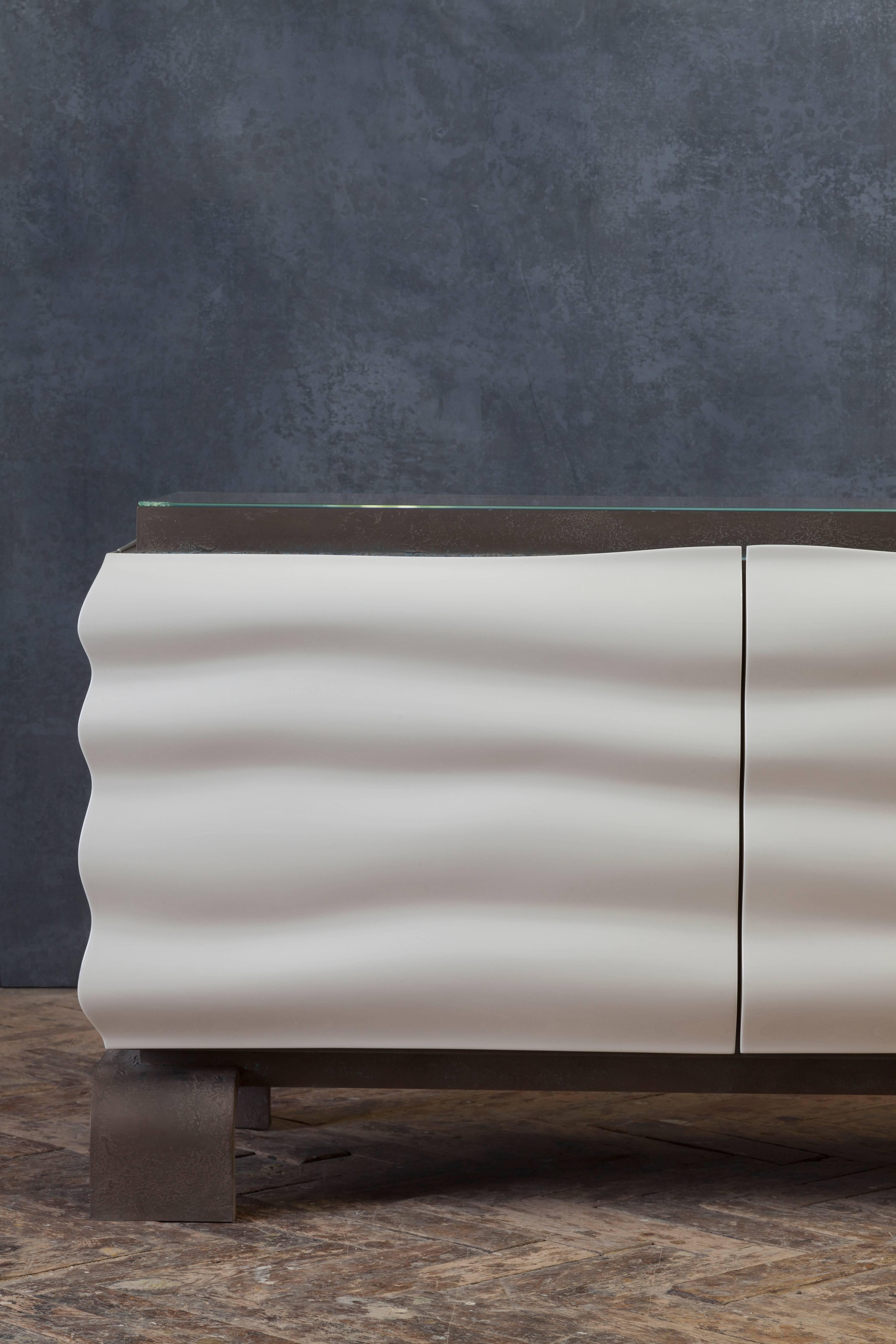 British White High Gloss Lacquered Sideboard or Credenza With Mitred Low Iron Glass For Sale