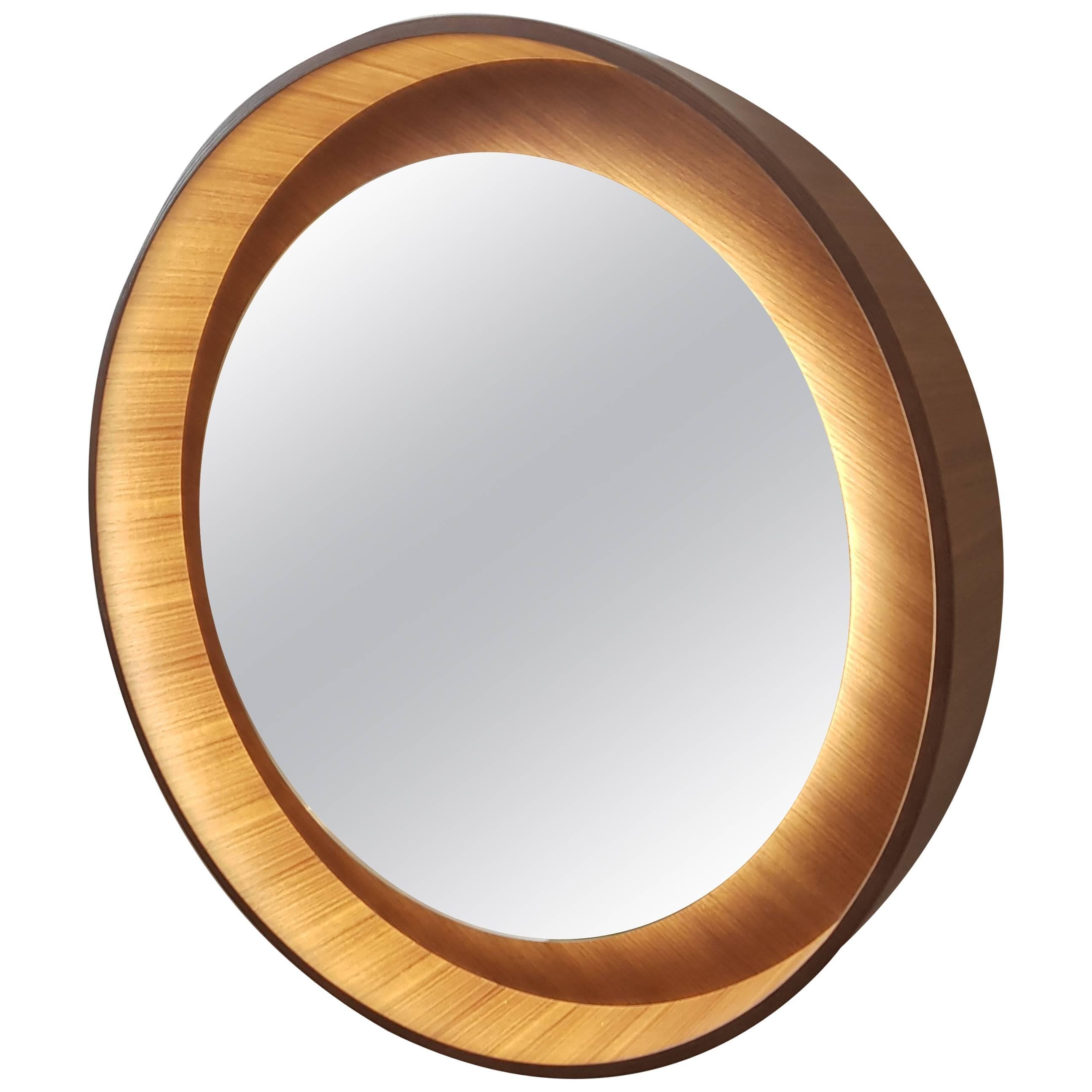 Scandinavian Modern Round Backlit Wall Mirror with LED Light in Walnut For Sale