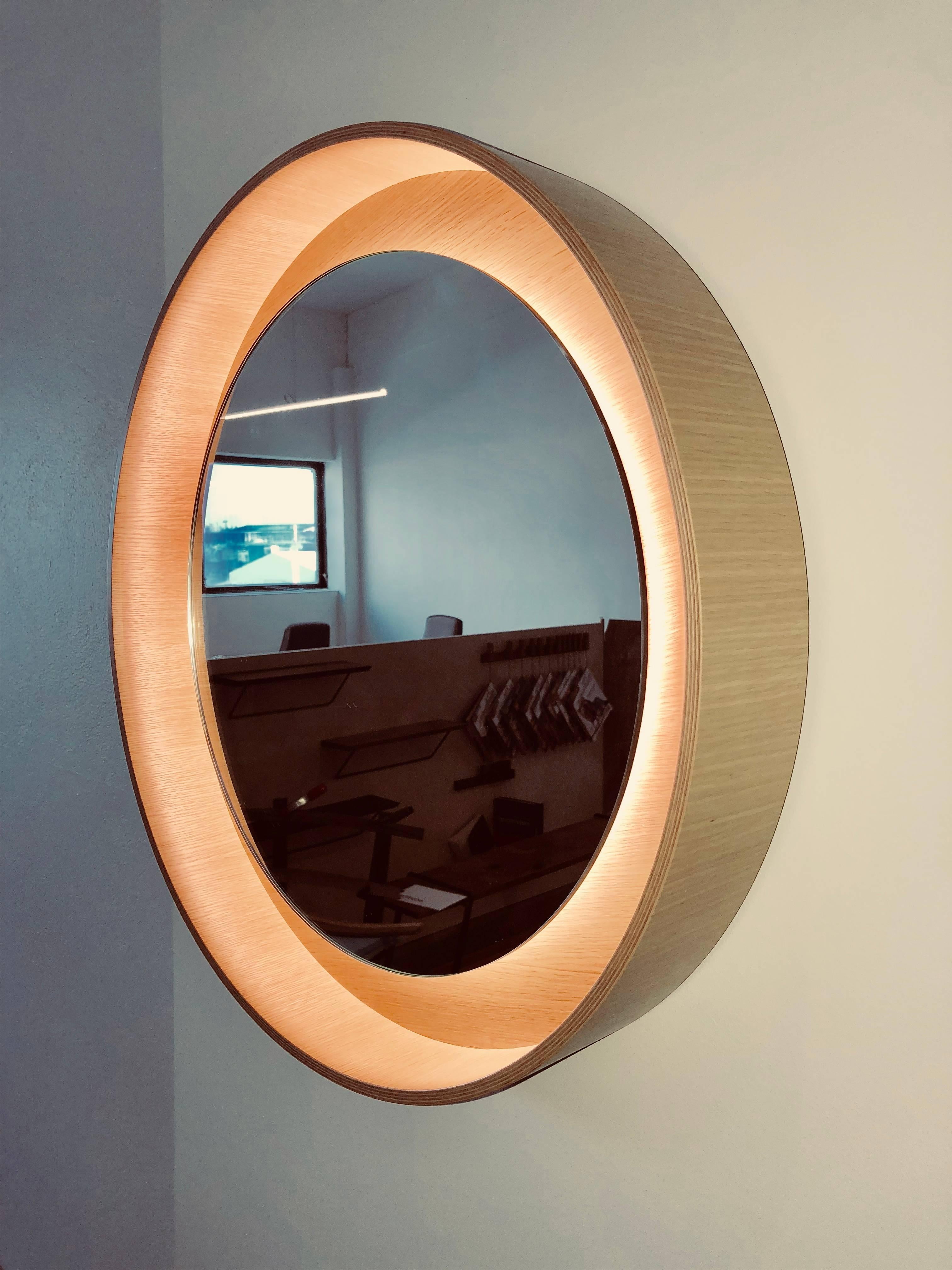 Scandinavian Modern Halo Mirror 26 with LED Light, Ash Wood, Switch Dim For Sale