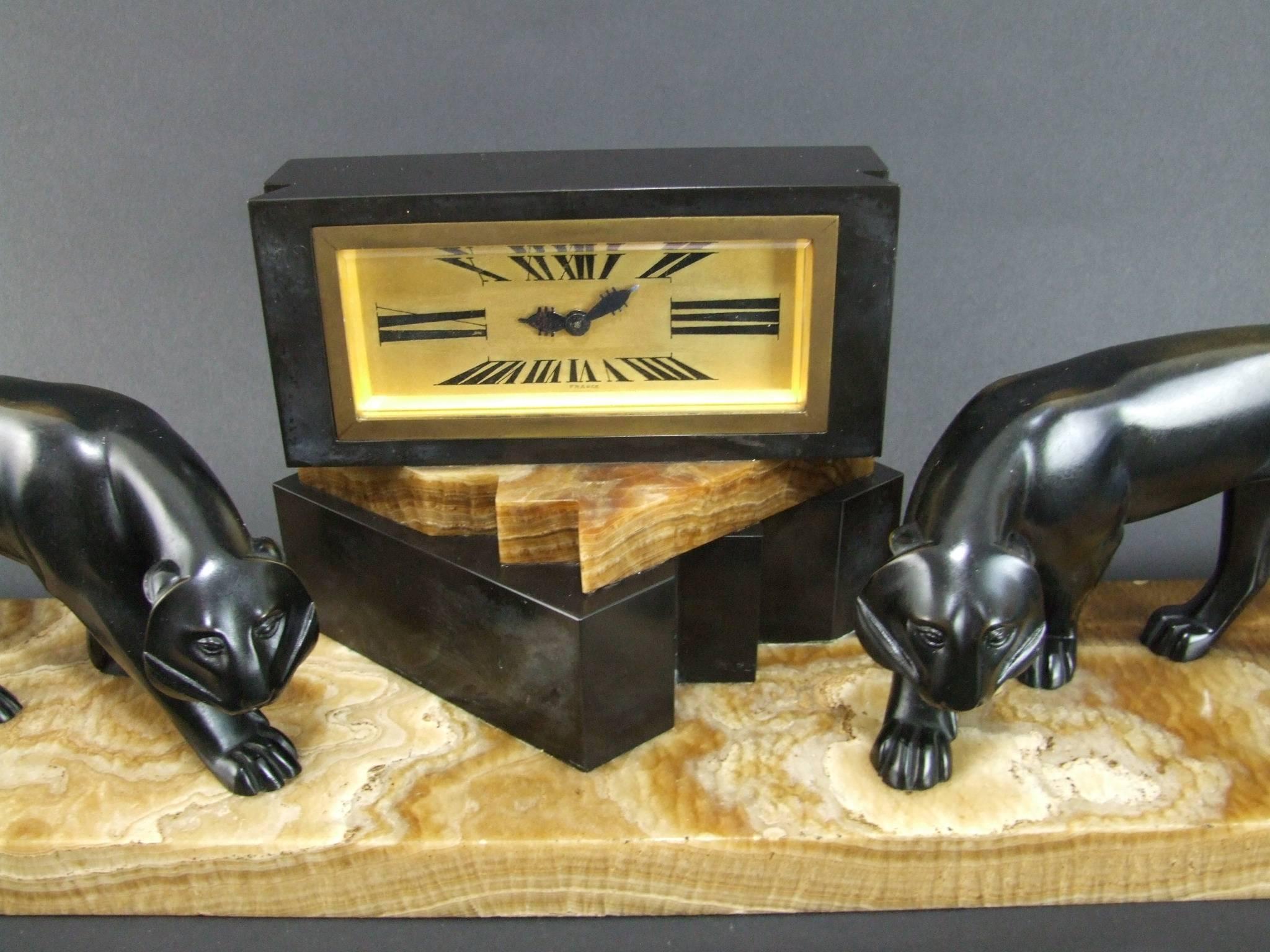 French Bronze, Onyx and Marble Clock by Lavroff