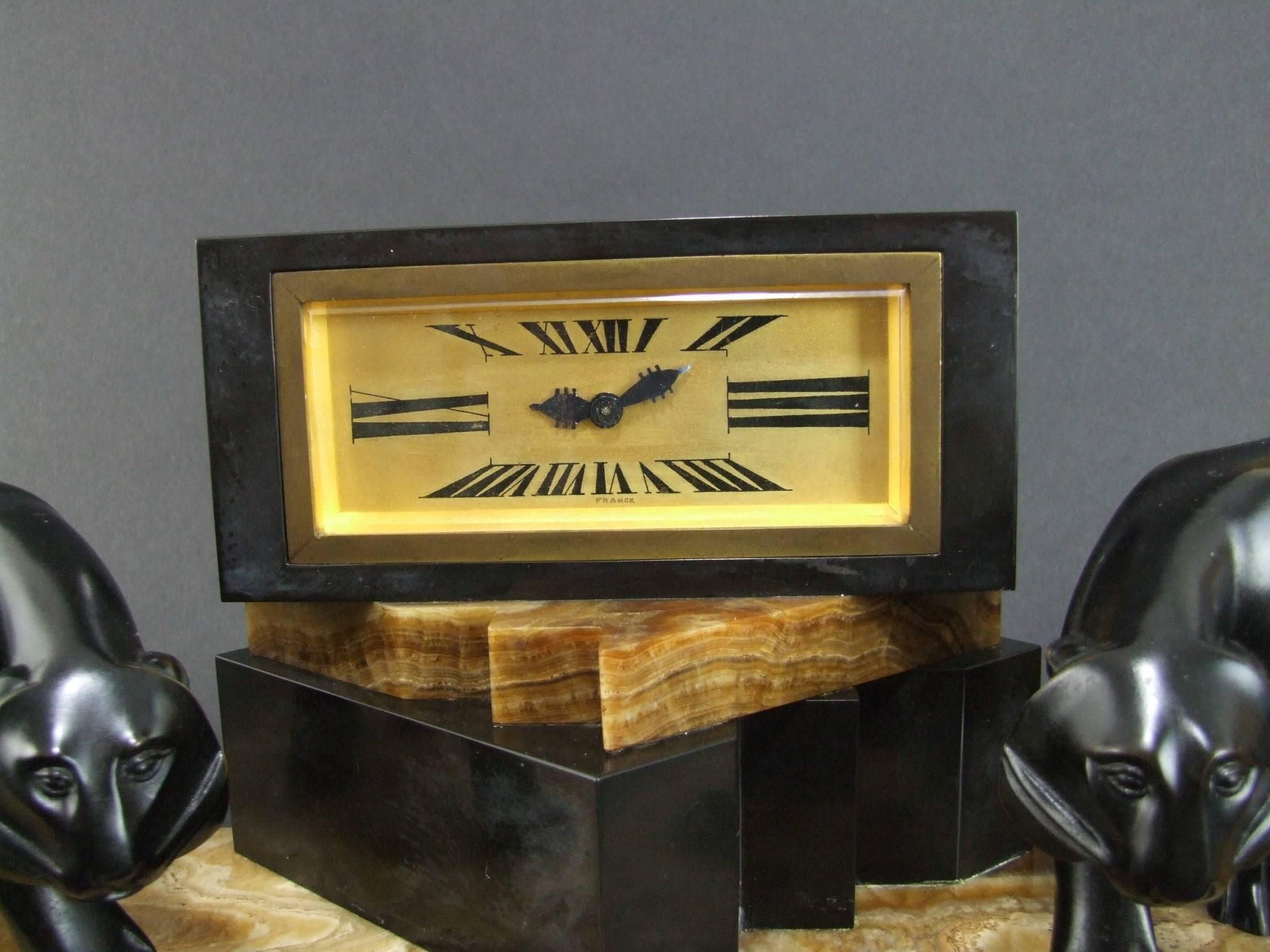 Bronze, Onyx and Marble Clock by Lavroff In Excellent Condition In Warlingham, GB