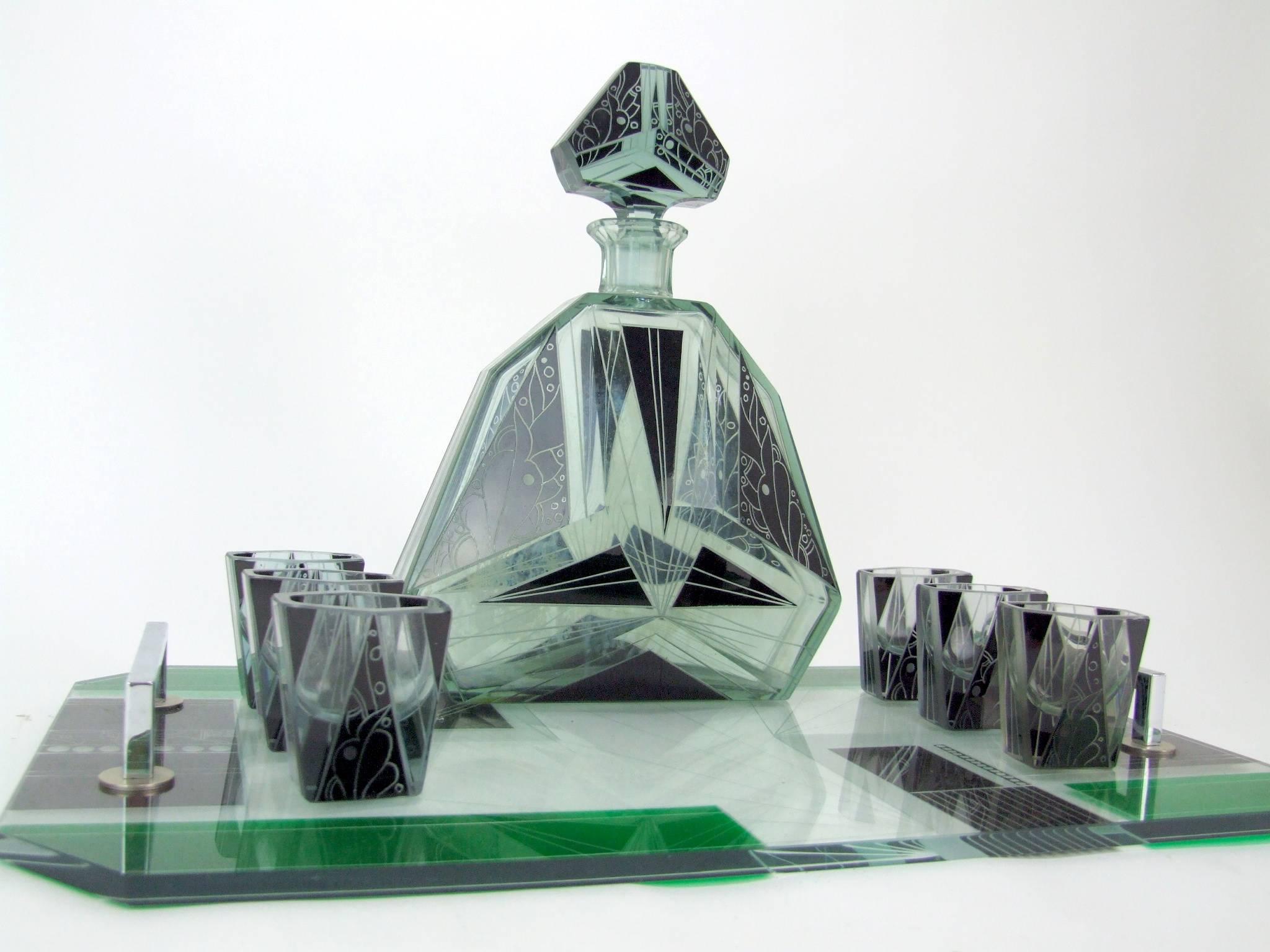 Art Deco Czech Glass Cocktail Set and Tray For Sale