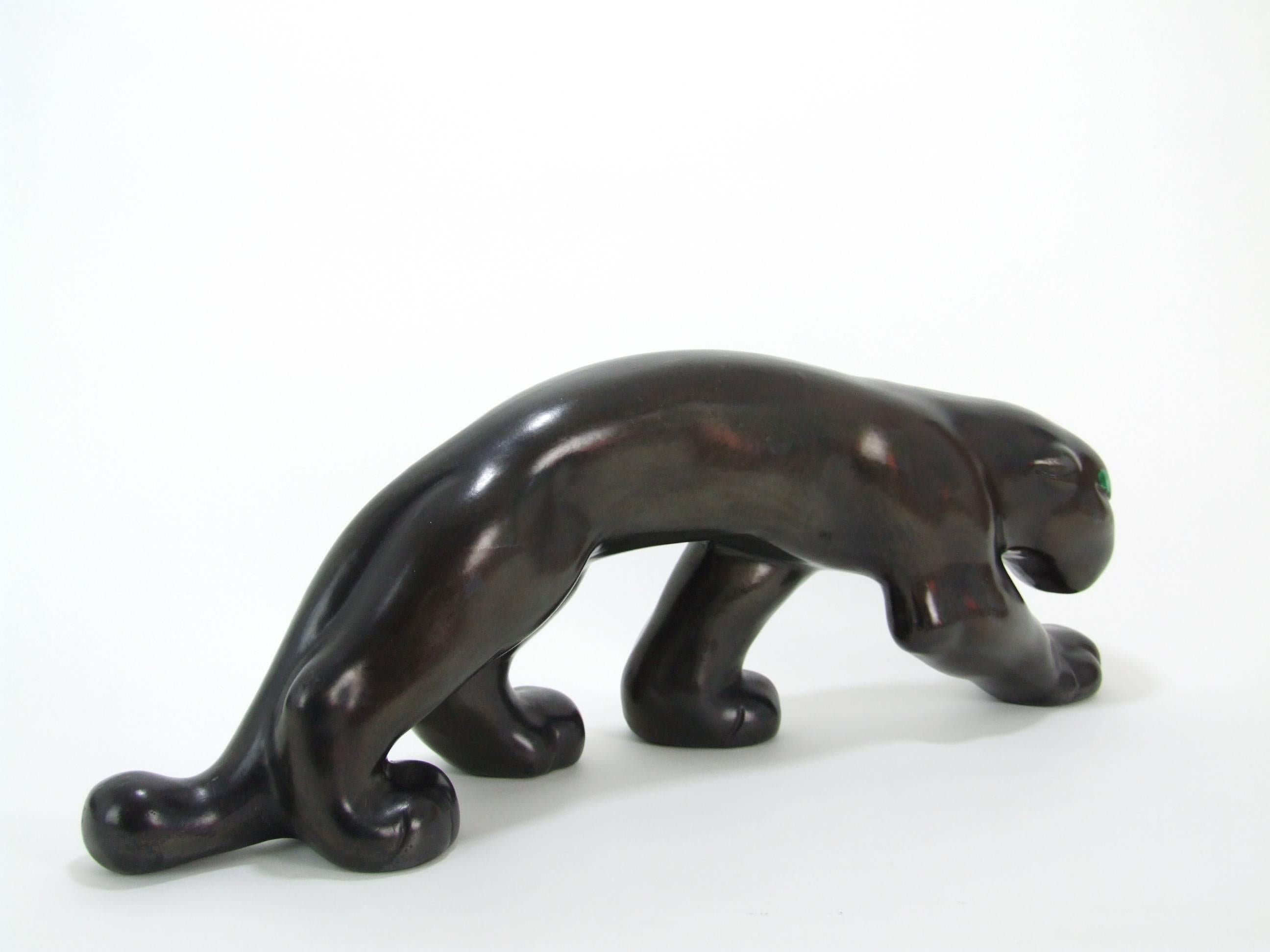 Patinated Rare Art Deco Ceramic Panther Noire by Primavera, circa 1940