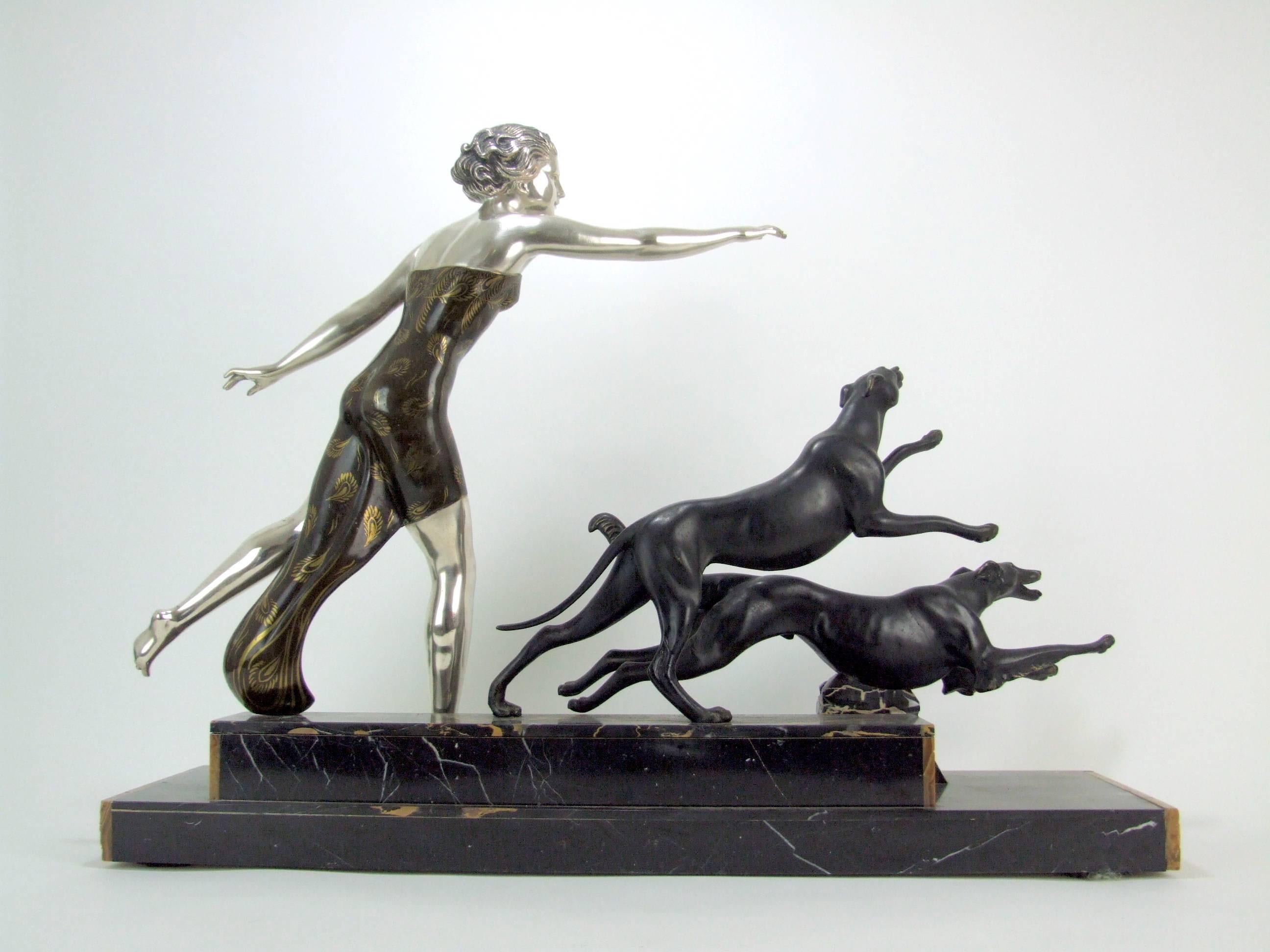 French Art Deco Girl and Dogs Statue by Uriano, circa 1925 For Sale