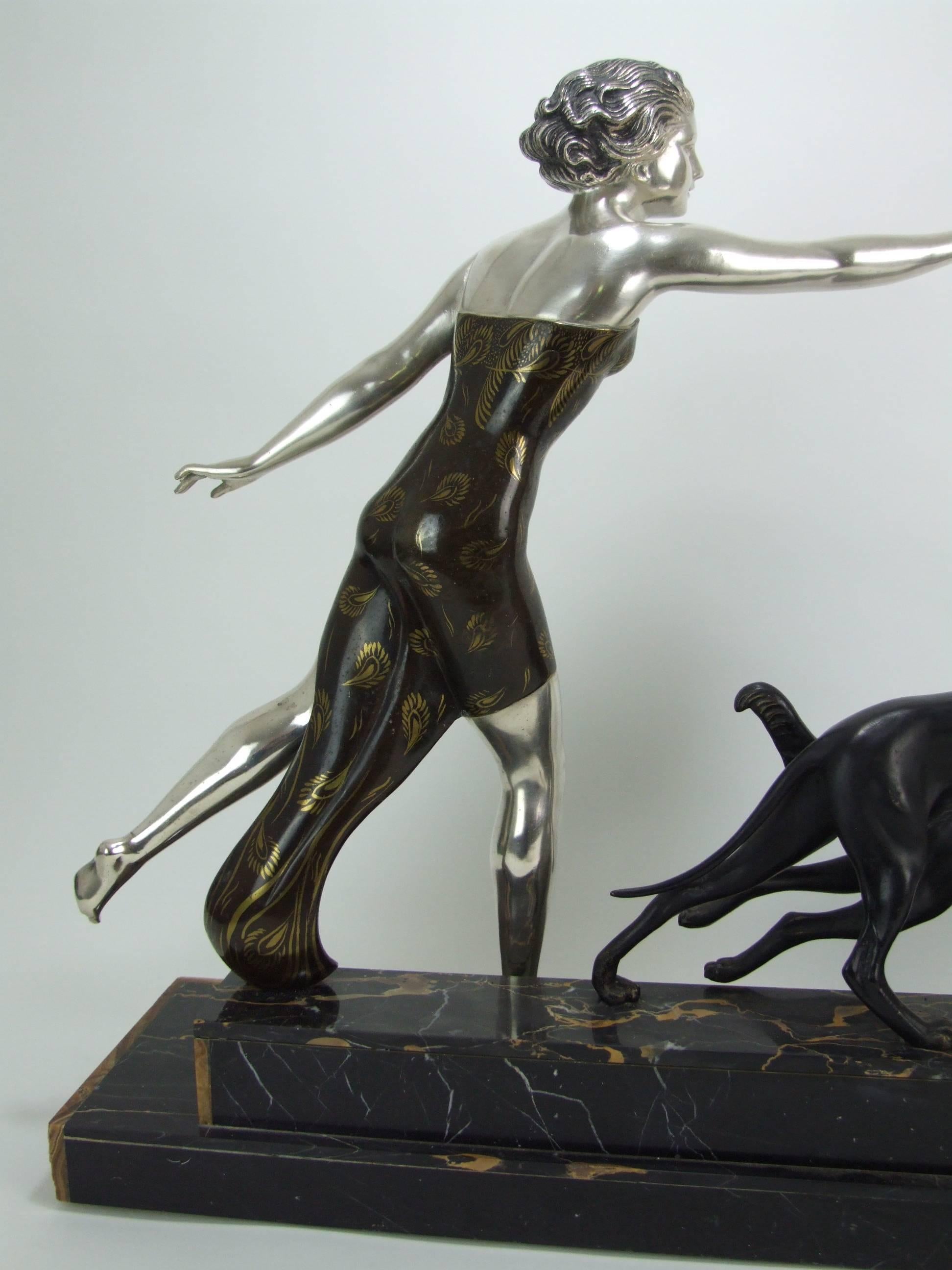 Patinated Art Deco Girl and Dogs Statue by Uriano, circa 1925 For Sale