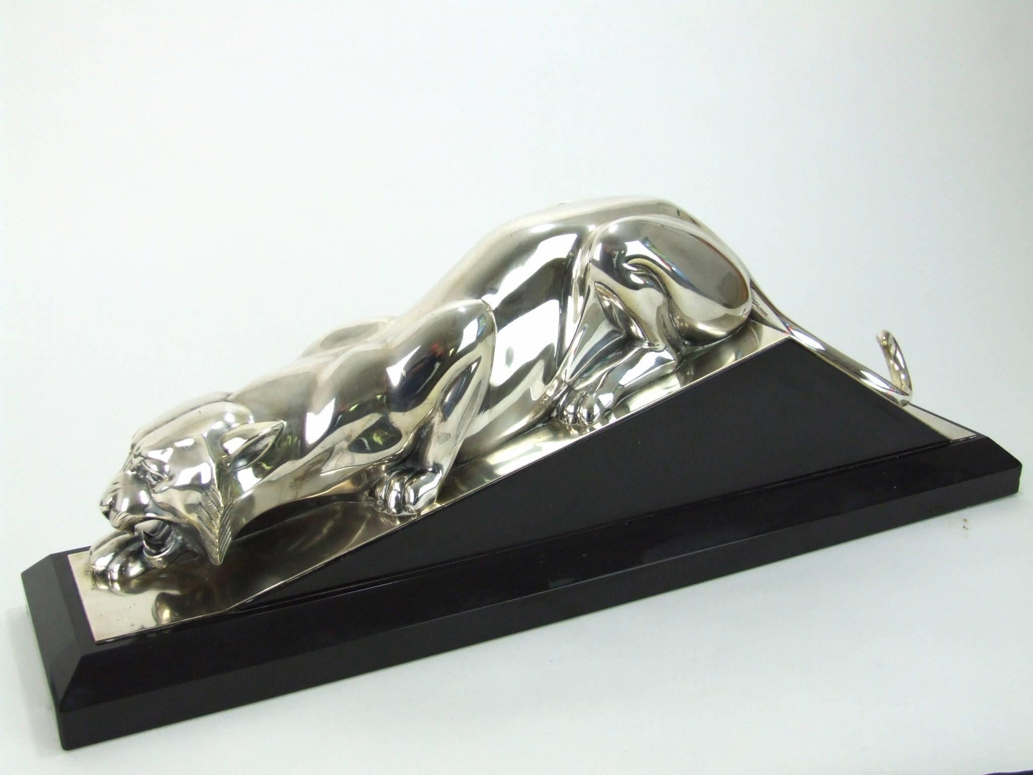 Silvered Tigre Pret a Bondir, an Art Deco Bronze and Marble Panther by Georges Lavroff For Sale