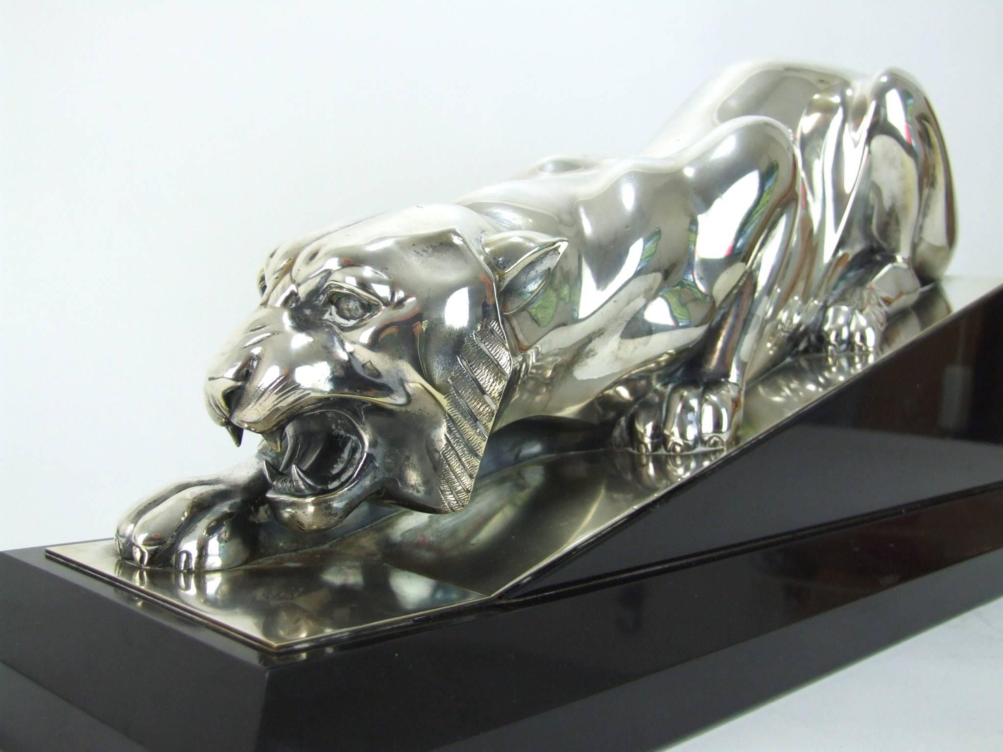 Tigre Pret a Bondir, an Art Deco Bronze and Marble Panther by Georges Lavroff In Excellent Condition For Sale In Warlingham, GB