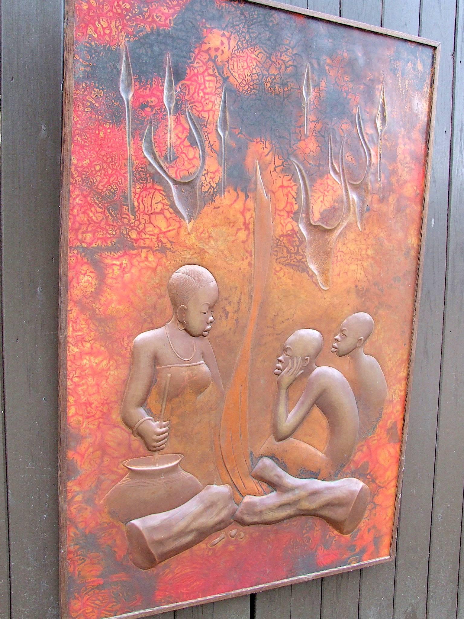 Mid-Century Modern Large Signed Africana Metal Panel by Henge For Sale