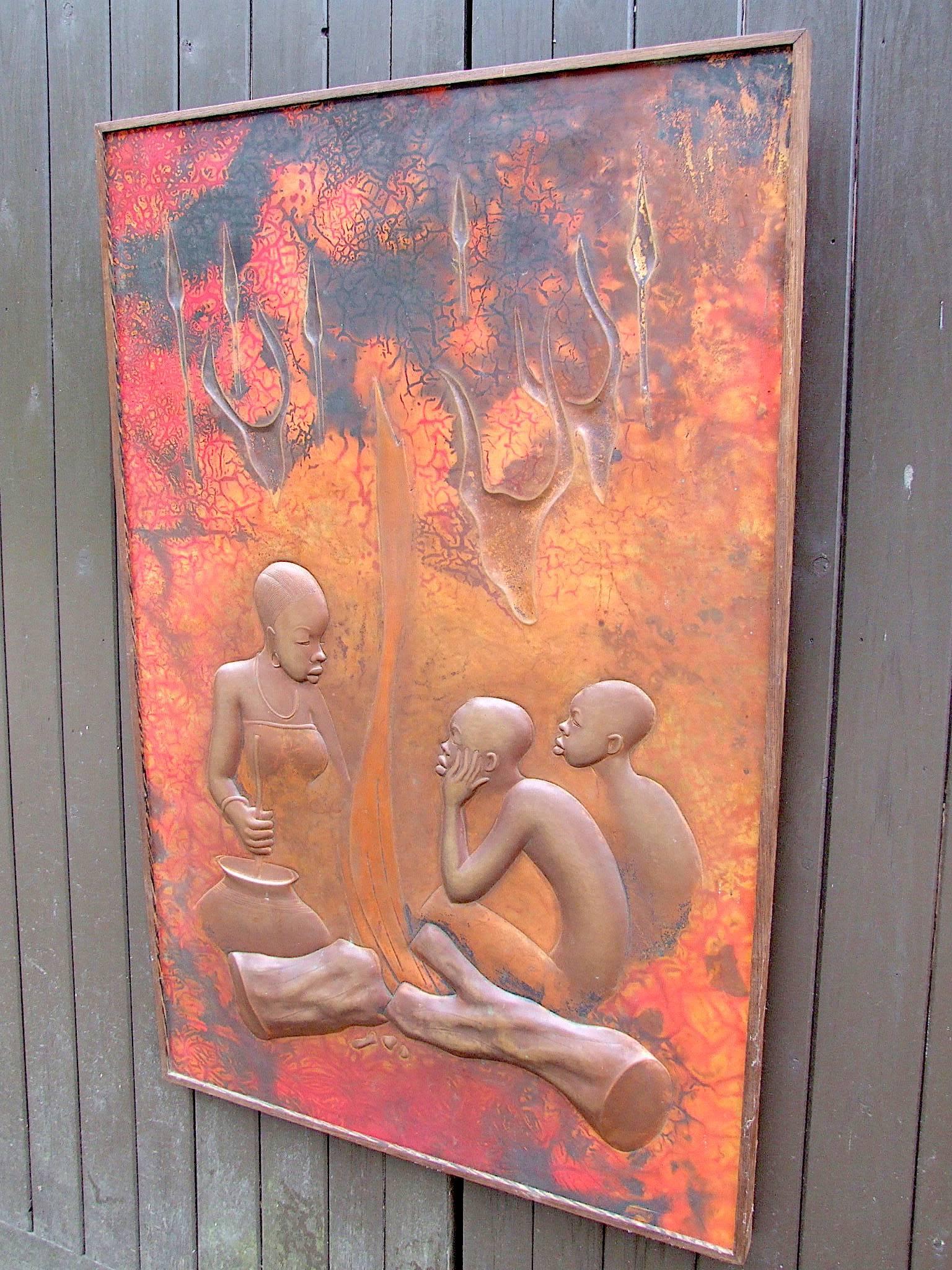 French Large Signed Africana Metal Panel by Henge For Sale