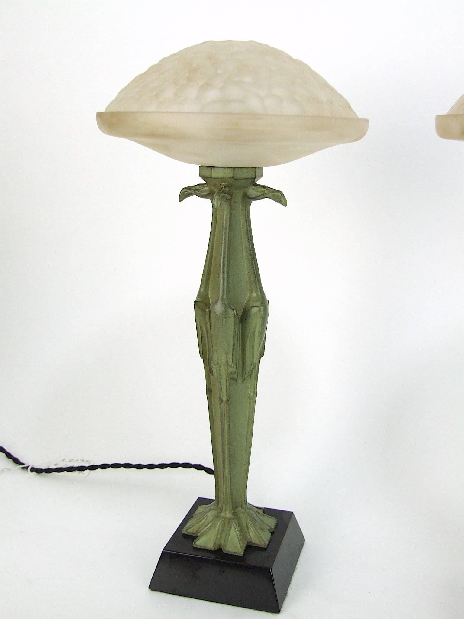 Glass Pair of Art Deco Table Lamps by Le Verrier For Sale