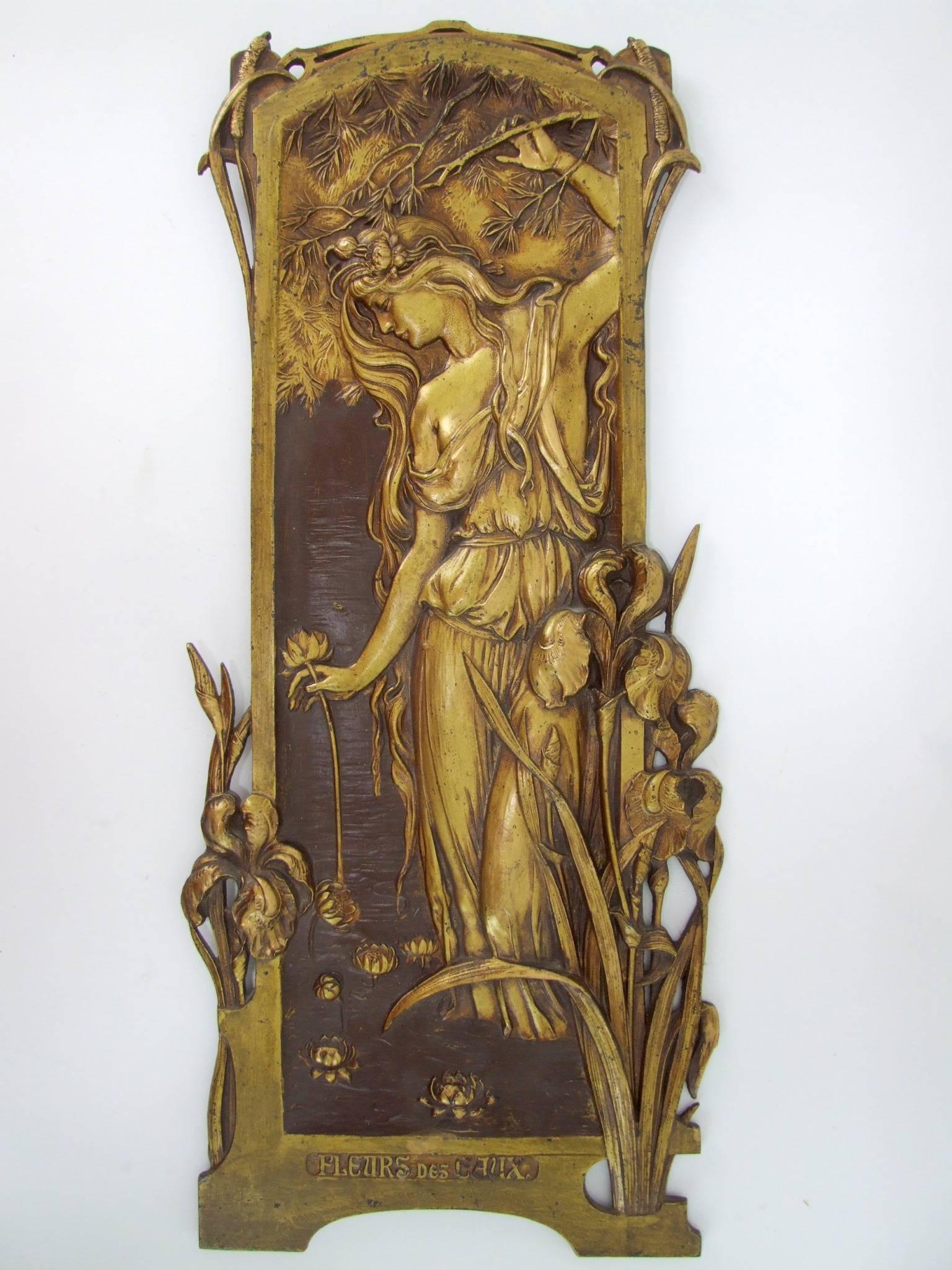 A pair of large bronze Jugenstil relief wall panels by Wilhelm Elster, circa 1905. Made in the Magsprunger Eisenhuttenwerke AG. Depicting maidens with flowers - Fleur des Montagne (mountain flowers) and Fleur des Eaux (water flowers). Each is titled