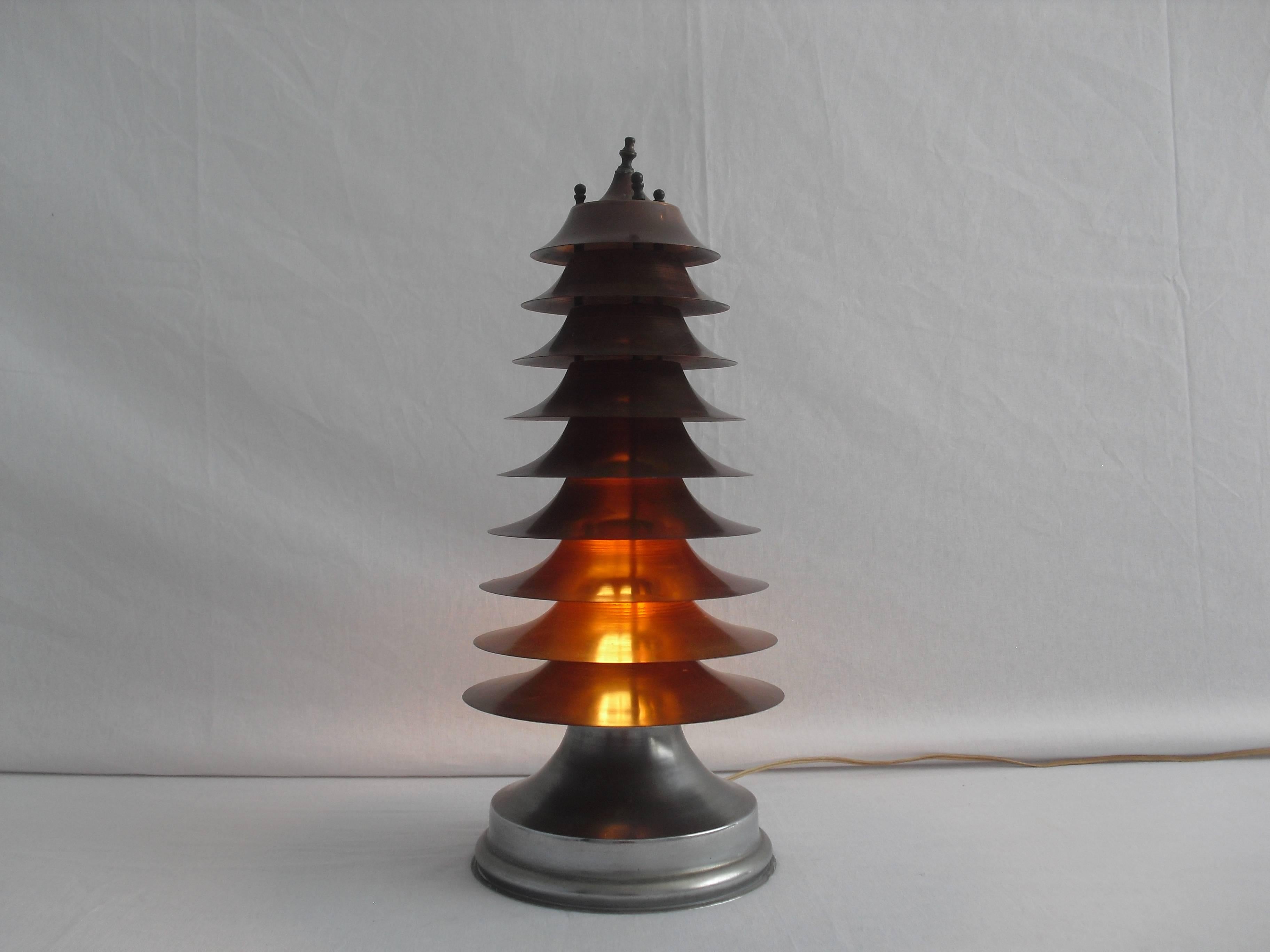 Rare Art-Deco Machine Age Nine-Tier Copper Pagoda Table Lamp 1
