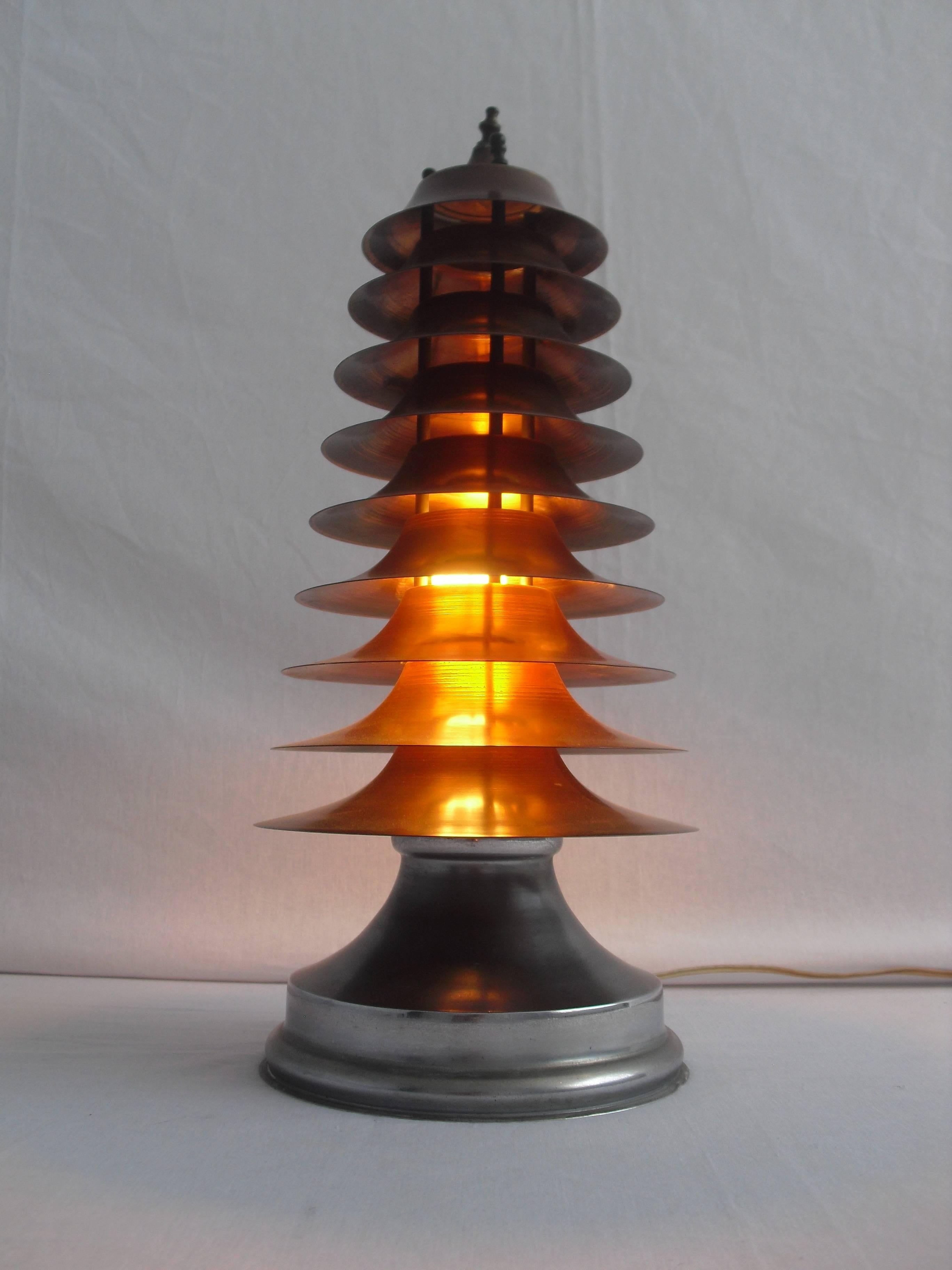 Art Deco Rare Art-Deco Machine Age Nine-Tier Copper Pagoda Table Lamp