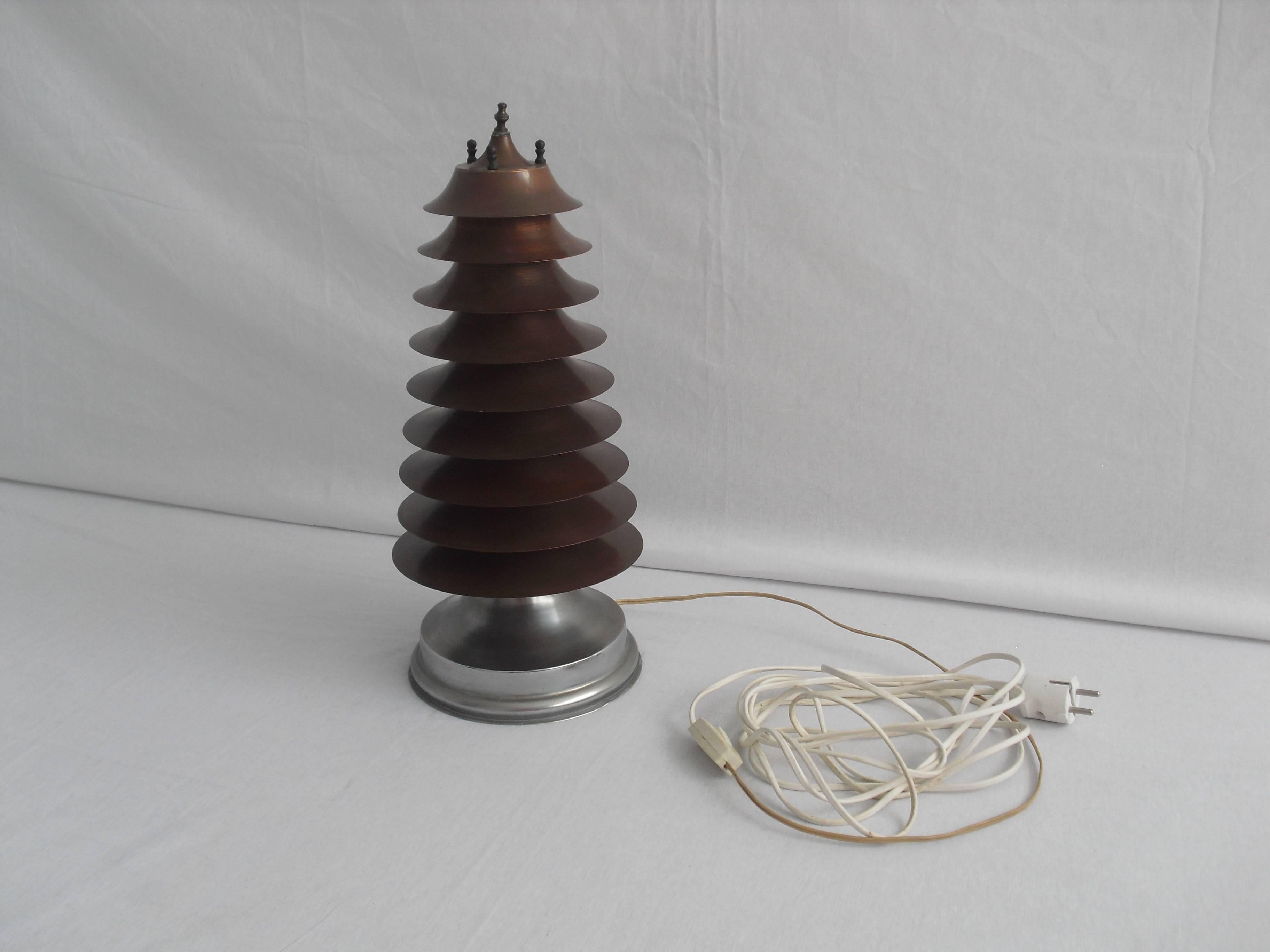 Rare Art-Deco Machine Age Nine-Tier Copper Pagoda Table Lamp 3