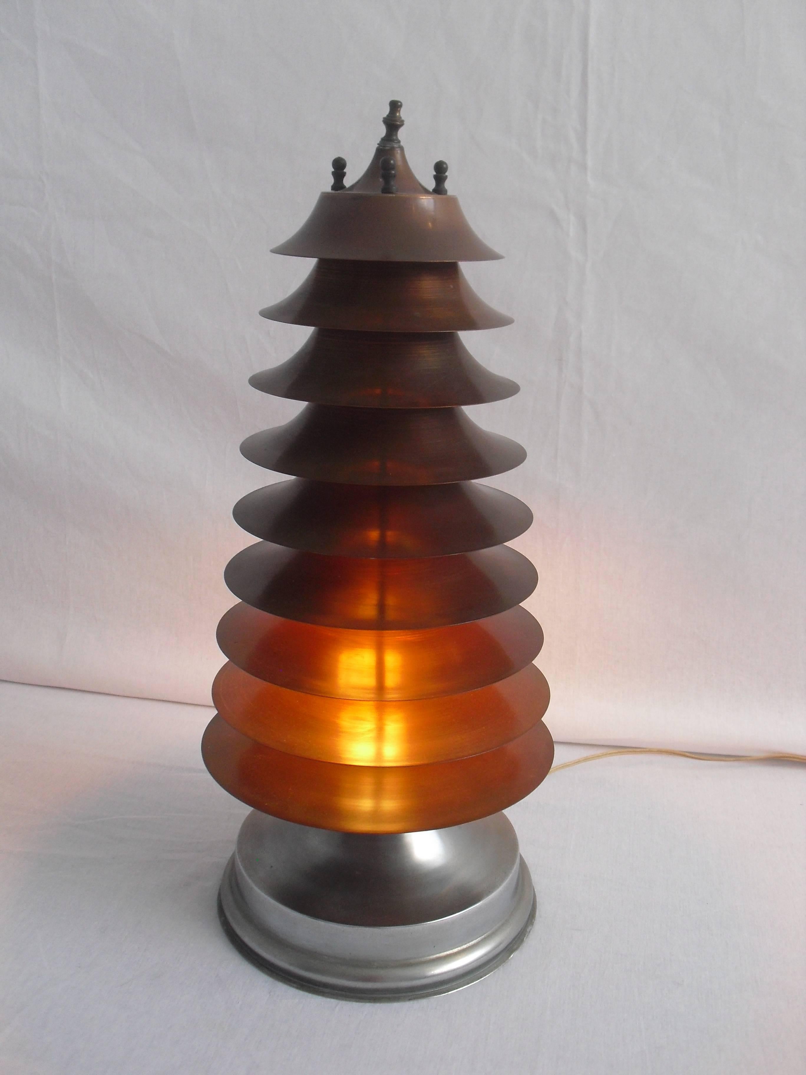20th Century Rare Art-Deco Machine Age Nine-Tier Copper Pagoda Table Lamp