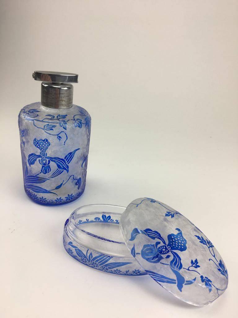 Etched Early 20th Century Val St. Lambert Cameo Glass Perfume Bottle and Soap Box