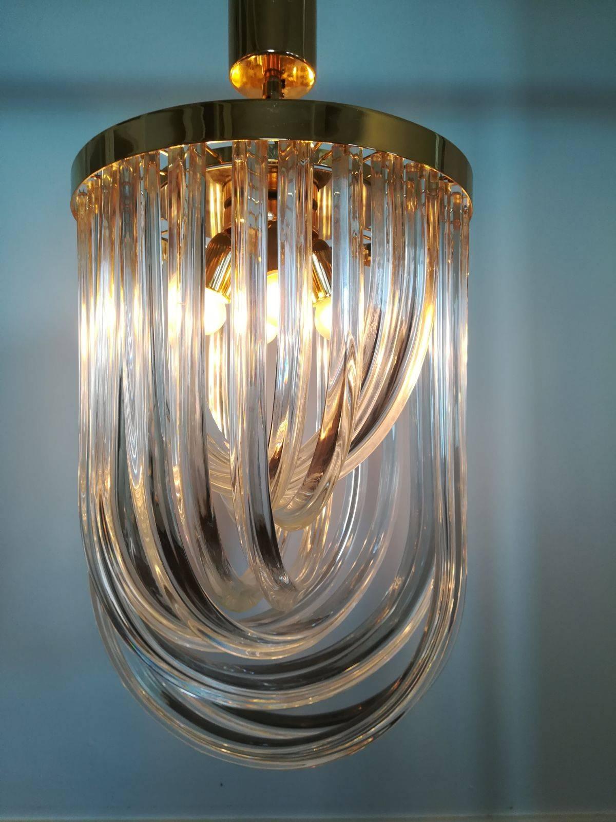 Italian Mid-Century Modern Venini Curved Crystal Clear Murano Glass Chandelier, 1960s For Sale
