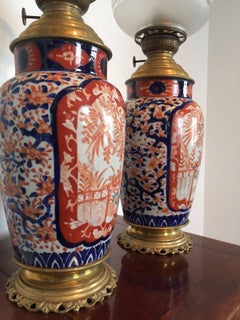 Pair of 19th Century Antique Japanese Porcelain Ko Imari Oil Lampsm, circa 1825