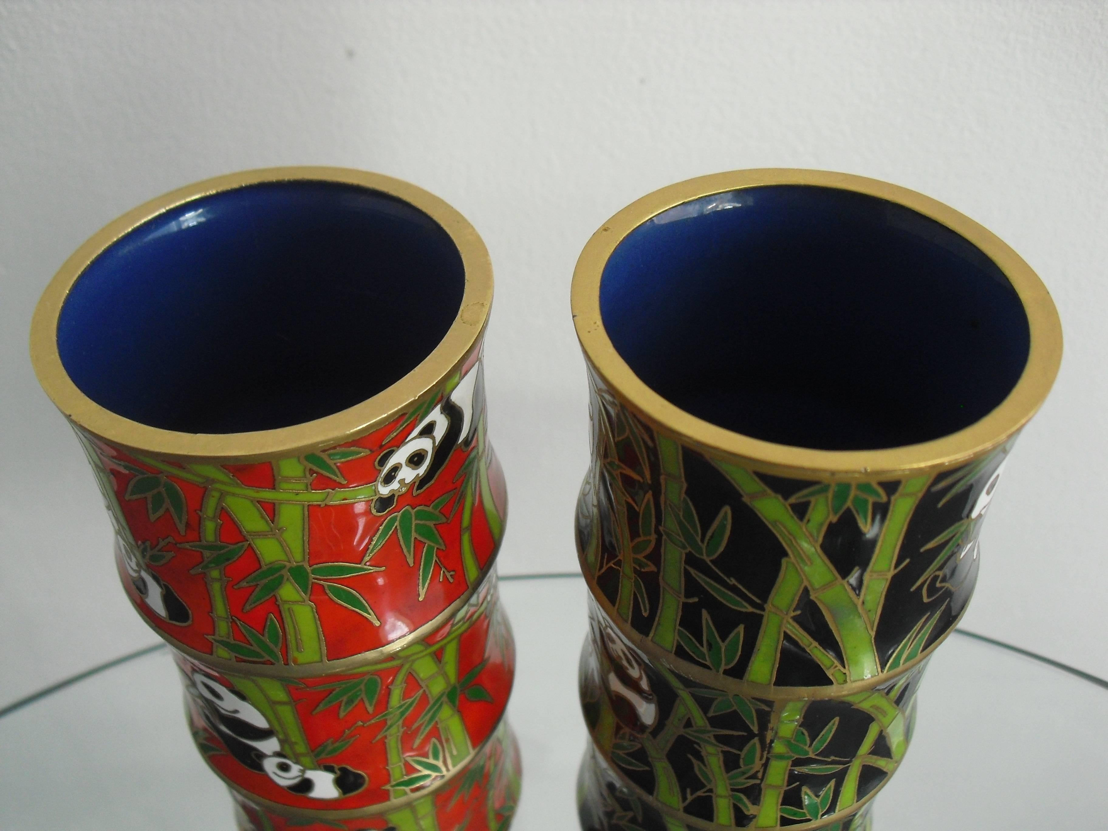 Cloissoné Pair Oriental Brass Cloisonne Bamboo Shape Vases with Panda & Bamboo decoration. For Sale