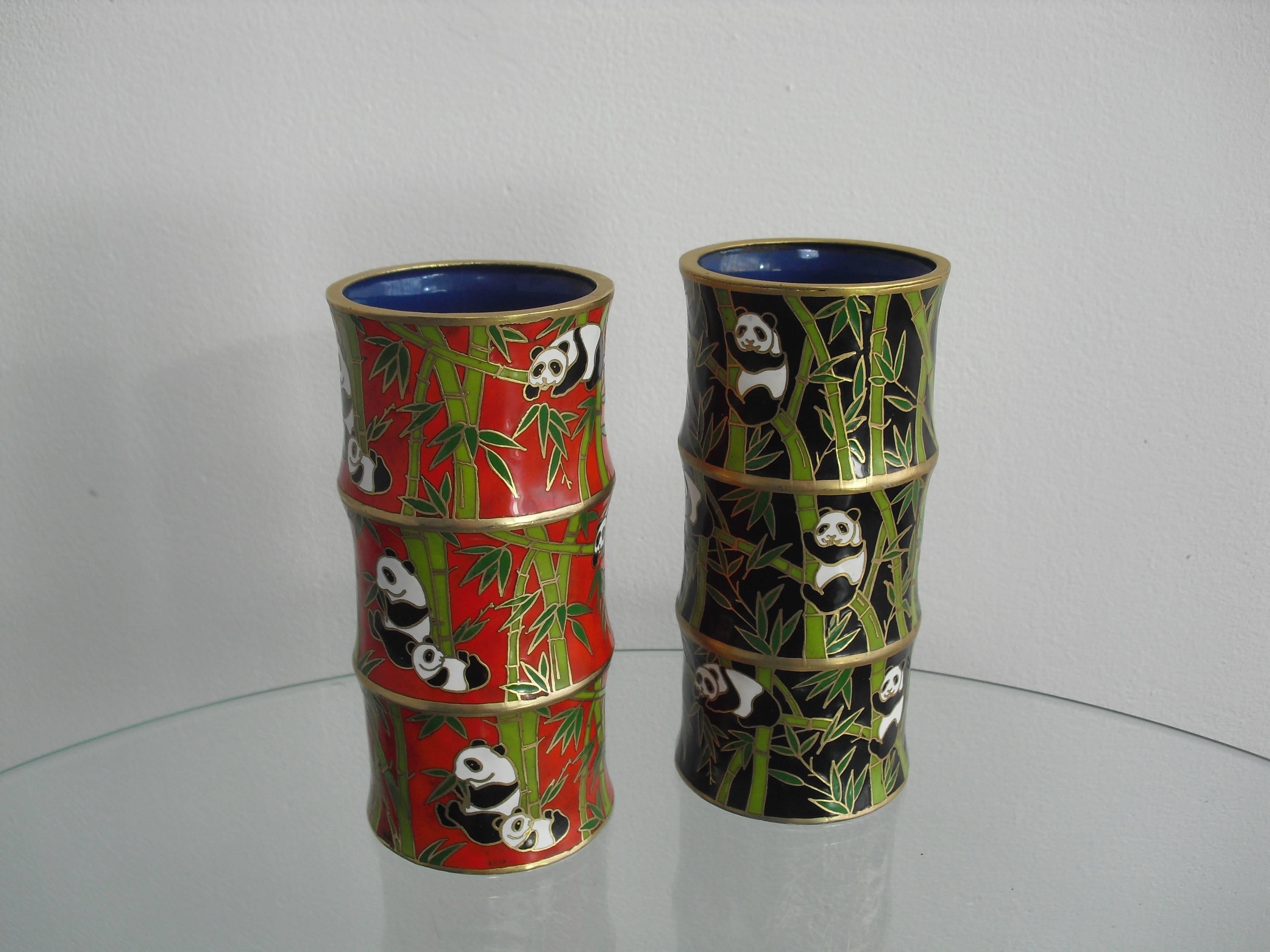 Chinoiserie Pair Oriental Brass Cloisonne Bamboo Shape Vases with Panda & Bamboo decoration. For Sale