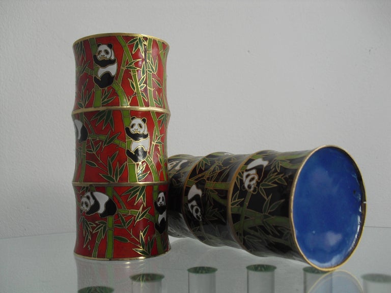 Pair Oriental Brass Cloisonne Bamboo Shape Vases with Panda and Bamboo