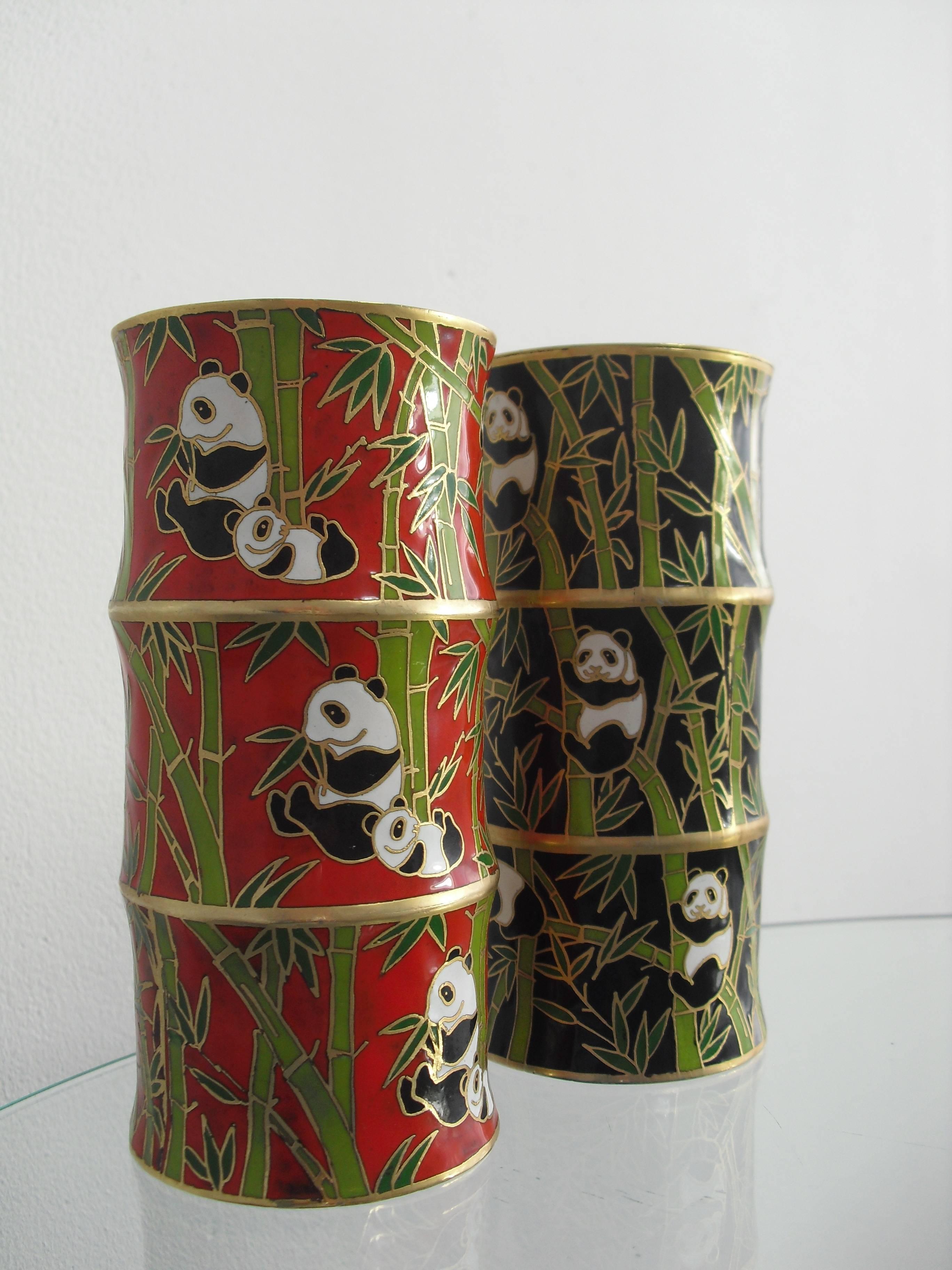 Pair Oriental Brass Cloisonne Bamboo Shape Vases with Panda & Bamboo decoration. In Excellent Condition For Sale In Westmaas, NL