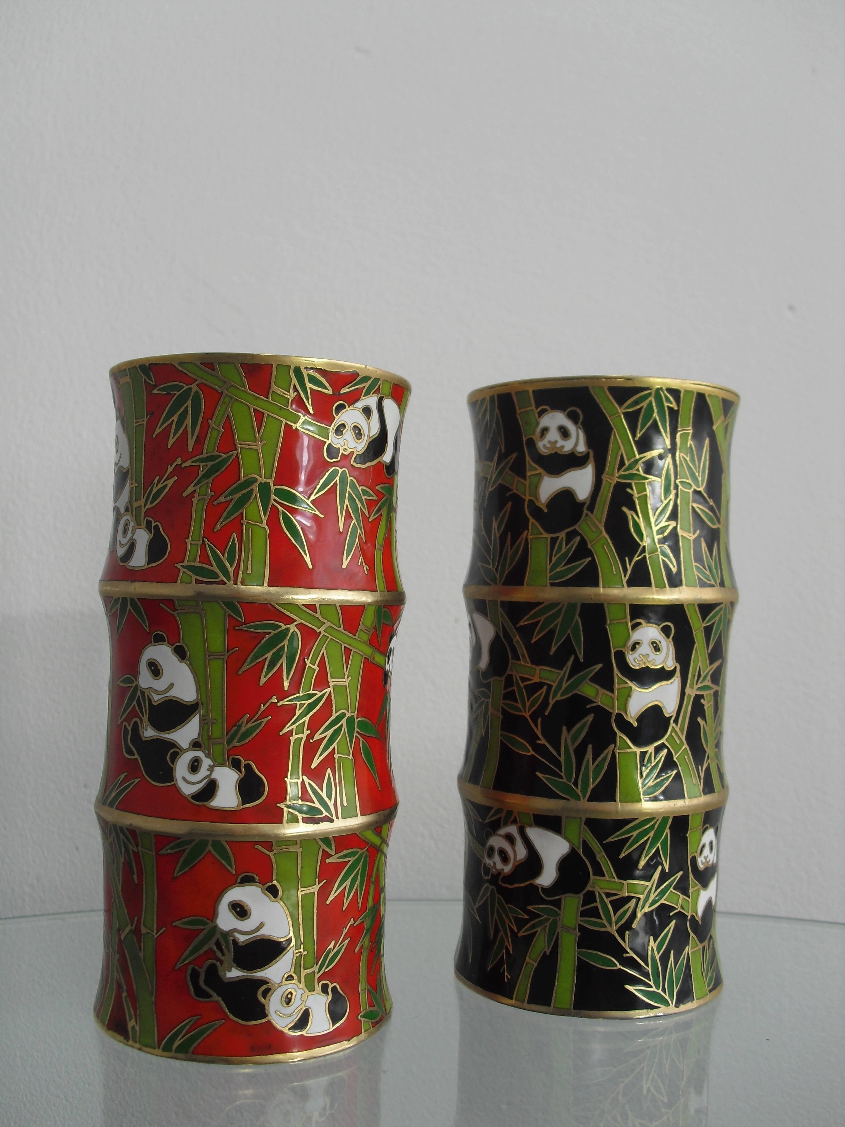 Pair Oriental Brass Cloisonne Bamboo Shape Vases with Panda & Bamboo decoration. For Sale 4